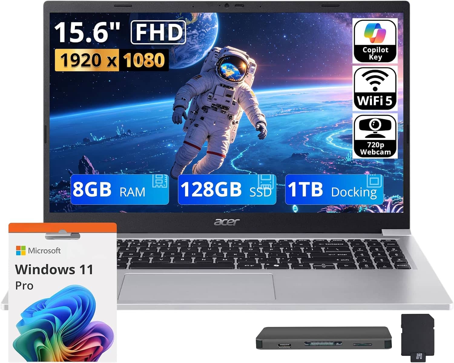 Acer - Upgraded - Aspire Lite 15 15.6" FHD IPS Laptop,Intel Core 3 N350,8GB RAM,128GB SSD+1TB Dock Station Set,Win 11 Pro - Silver