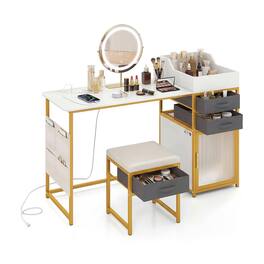 WELLFOR - 55‑Inch Makeup Vanity Desk with 360° Rotatable 3‑Color Lighted Mirror, Charging Station,Fabric Drawers and Padded Stool - White