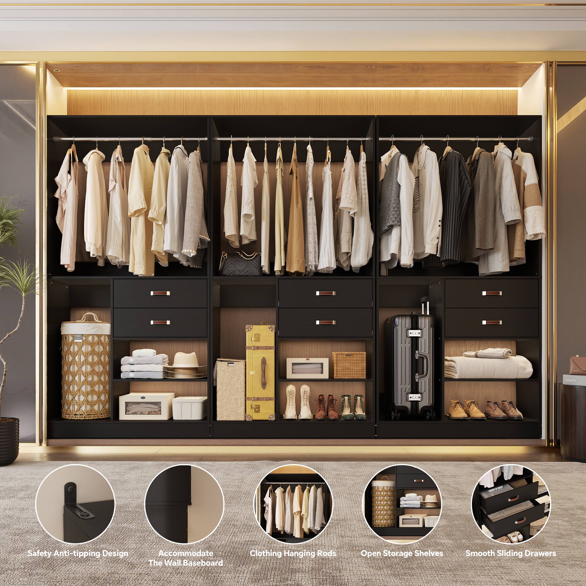 RLE .C Safety Anti tipping Design Accommodate The Wall Baseboard Clothing Hanging Rods Open Storage Shelves Smooth Sliding Drawers