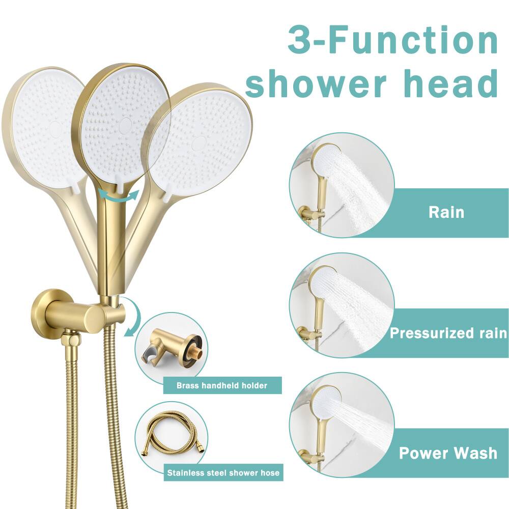 3-Function shower head  
Rain  
Pressurized rain  
Brass handheld holder  
Power Wash  
Stainless steel shower hose