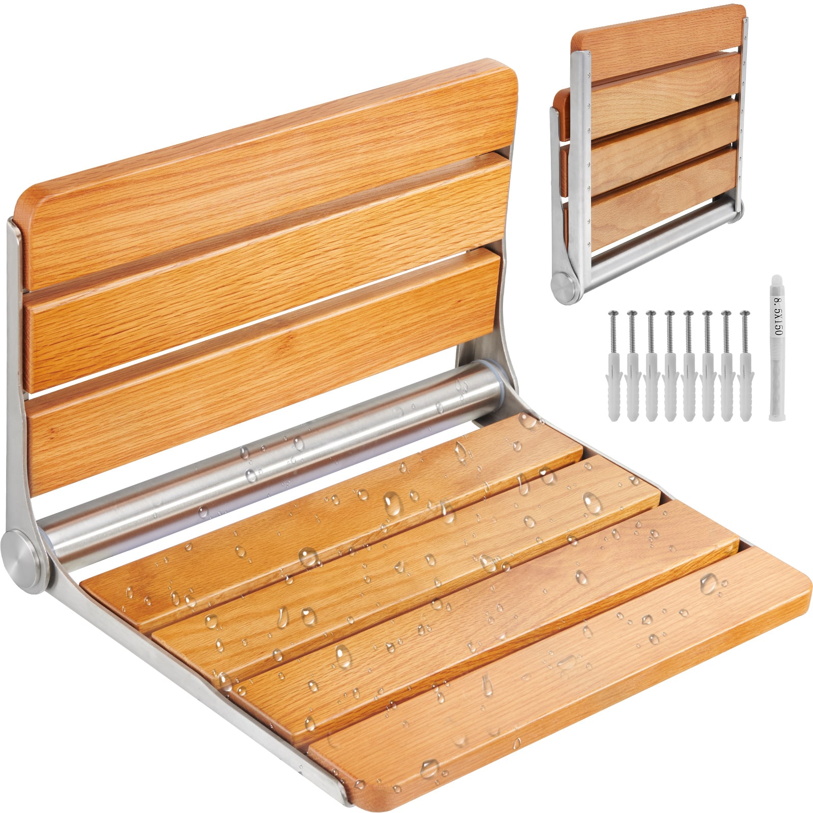 VEVOR - Folding Oak Shower Seat, 16.1" x 13.4" Unfolded, Wall Mounted Fold Up Shower Bench with 440 lbs Load Capacity - Wood color