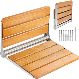 VEVOR - Folding Oak Shower Seat, 16.1" x 13.4" Unfolded, Wall Mounted Fold Up Shower Bench with 440 lbs Load Capacity - Wood color