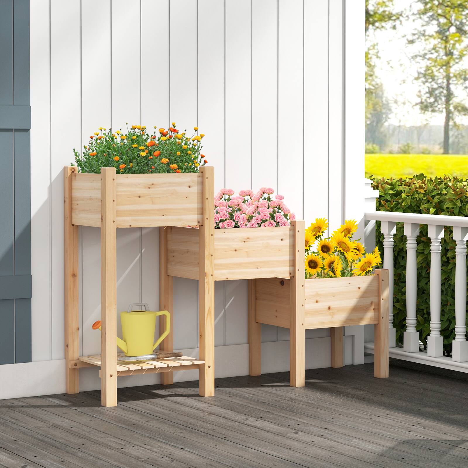 Alt View 8. Costway - Costway 3-Tier Wooden Raised Garden Bed Elevated Garden Planter w/ 3 Planter Boxes Open Storage Shelf Drainage Holes - Natural.