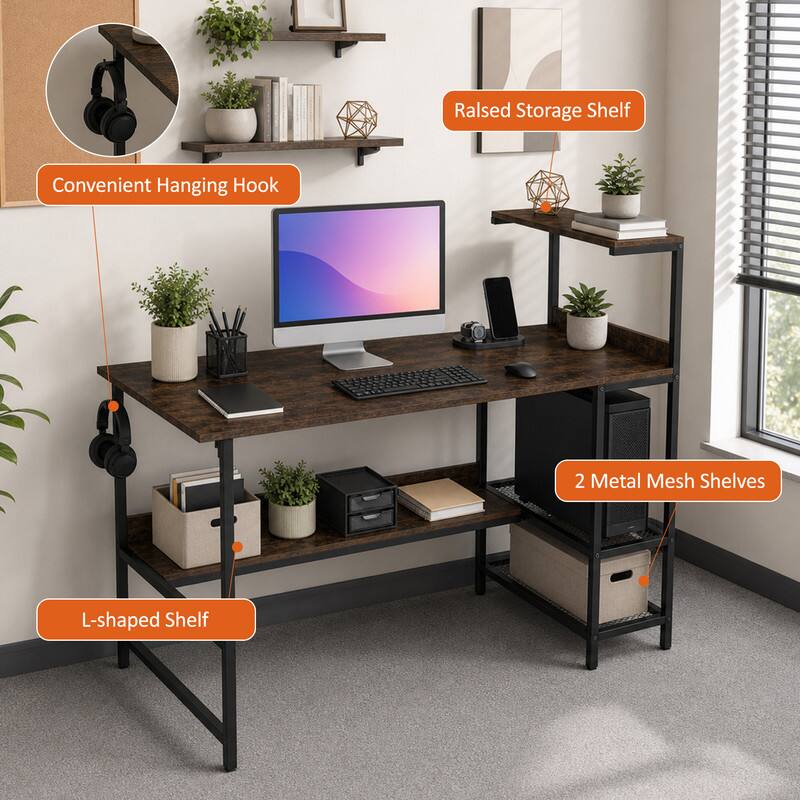 Raised Storage Shelf Convenient Hanging Hook 2 Metal Mesh Shelves L-shaped Shelf
