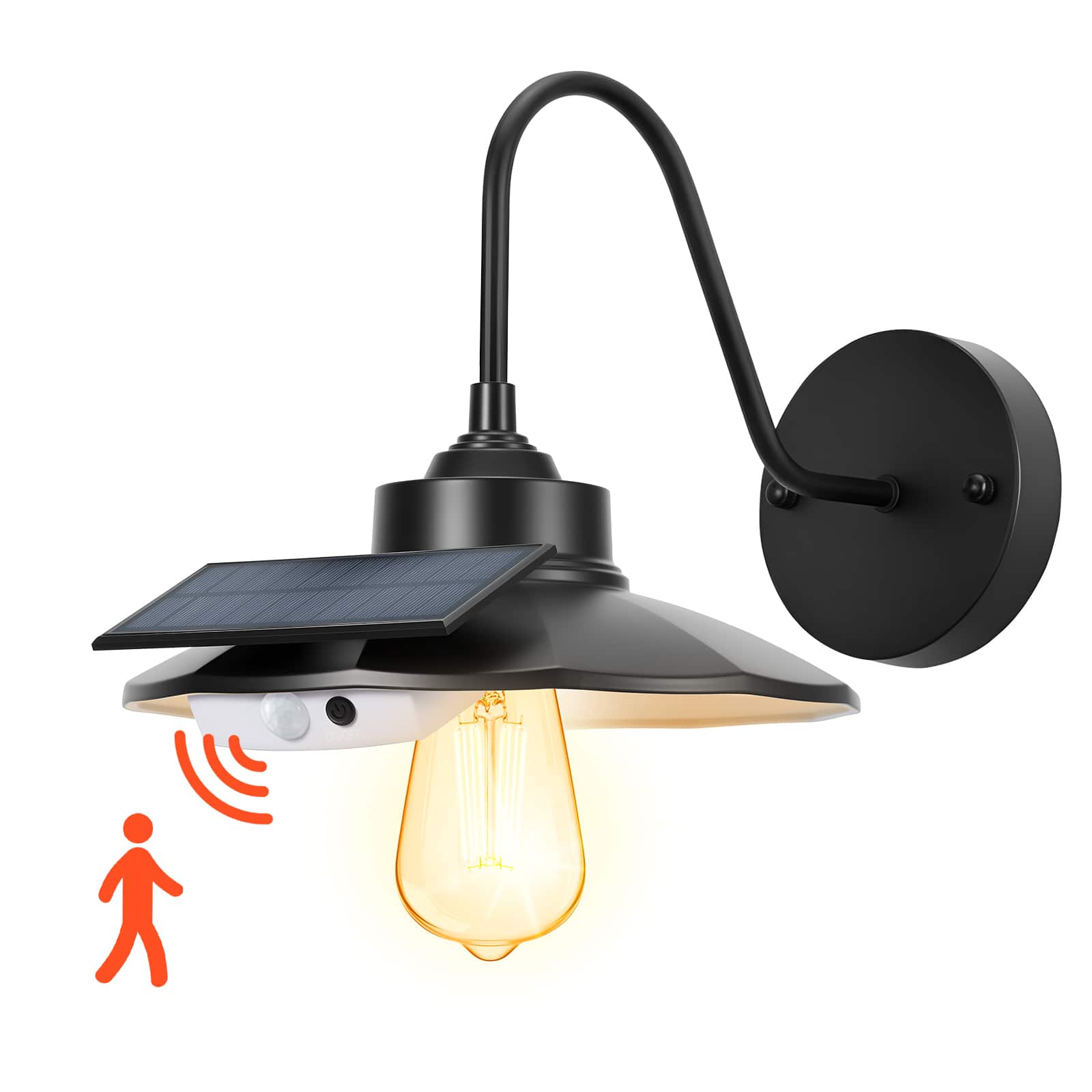 Front. VEVOR - Solar Outdoor Barn Light, 3 Lighting Modes and Motion Sensor, 1-Pack Gooseneck Light Fixture,Farmhouse Wall Sconce - Black.