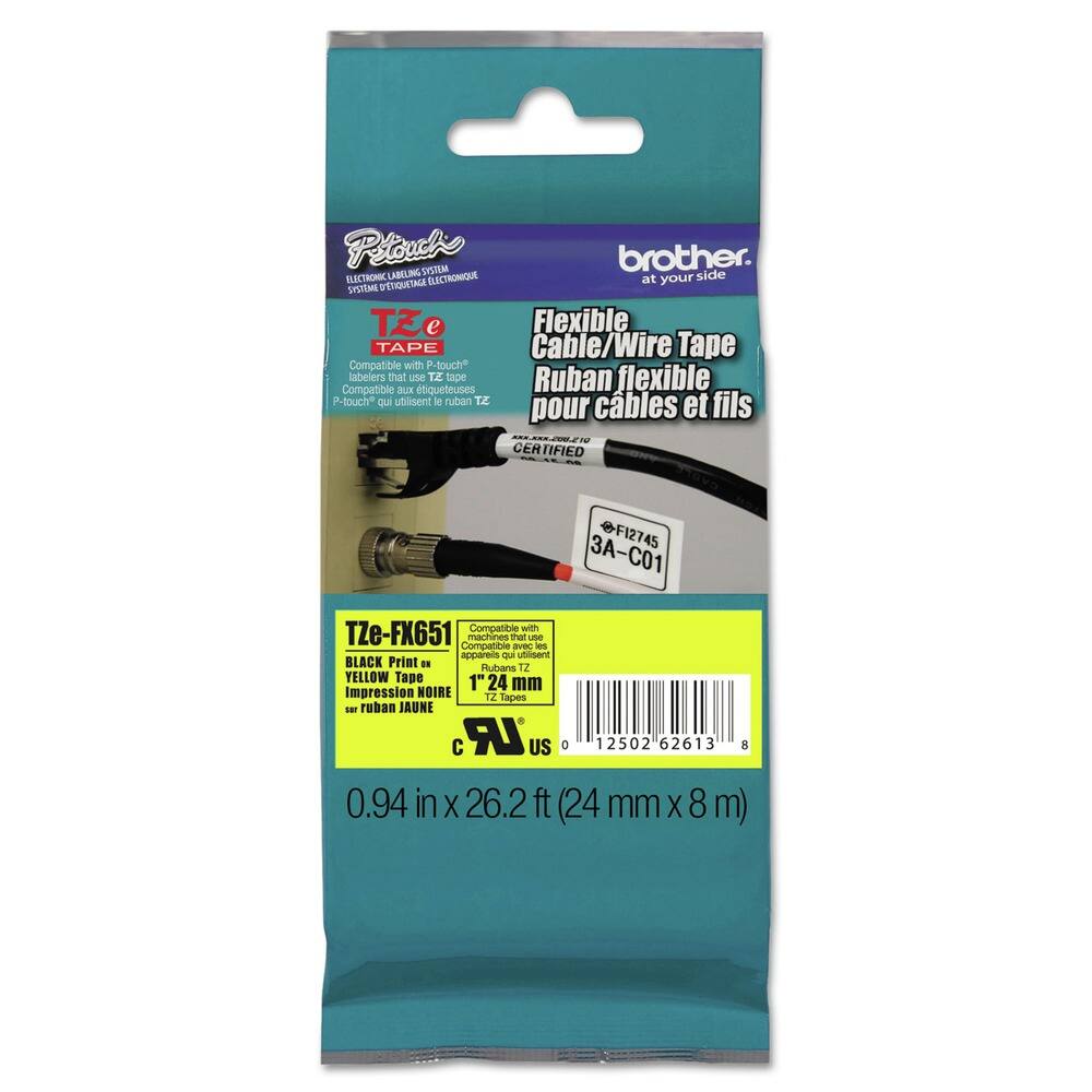 **Brother**  
at your side

**P-touch**  
Labeling System  
Système d'étiquetage électronique

**TZe**  
Compatible with P-touch labelers  
Compatible avec les étiqueteuses P-touch

**Flexible Cable/Wire Tape**  
Ruban flexible pour câbles et fils

**TZe-FX651**  
BLACK Print on YELLOW Tape  
Impression NOIRE sur ruban JAUNE

**Certified**  
CER-C01

**0.94 in x 26.2 ft (24 mm x 8 m)**

**Compatible with TZe-FX651 machines**  
Compatible avec les appareils qui utilisent le ruban TZe-FX651

**2A-F12745**  
**0 12502 62613 8**