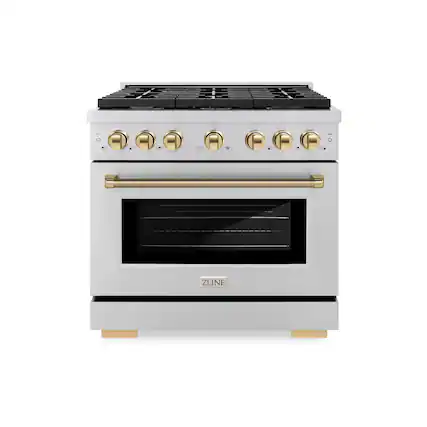 Front. ZLINE - ZLINE Autograph 36 in. 5.2 Cu. Ft. Freestanding Paramount Gas Range in Stainless Steel with Polished Gold Helix Handle - Stainless Steel.
