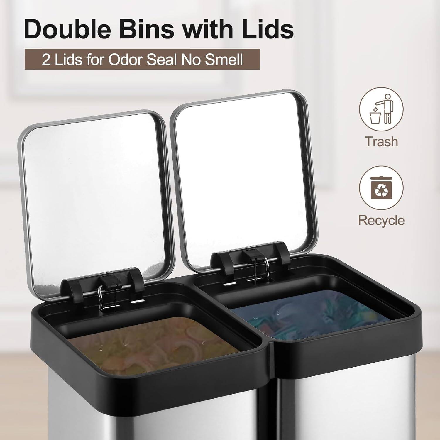 Double Bins with Lids  
2 Lids for Odor Seal No Smell  

Trash  
Recycle