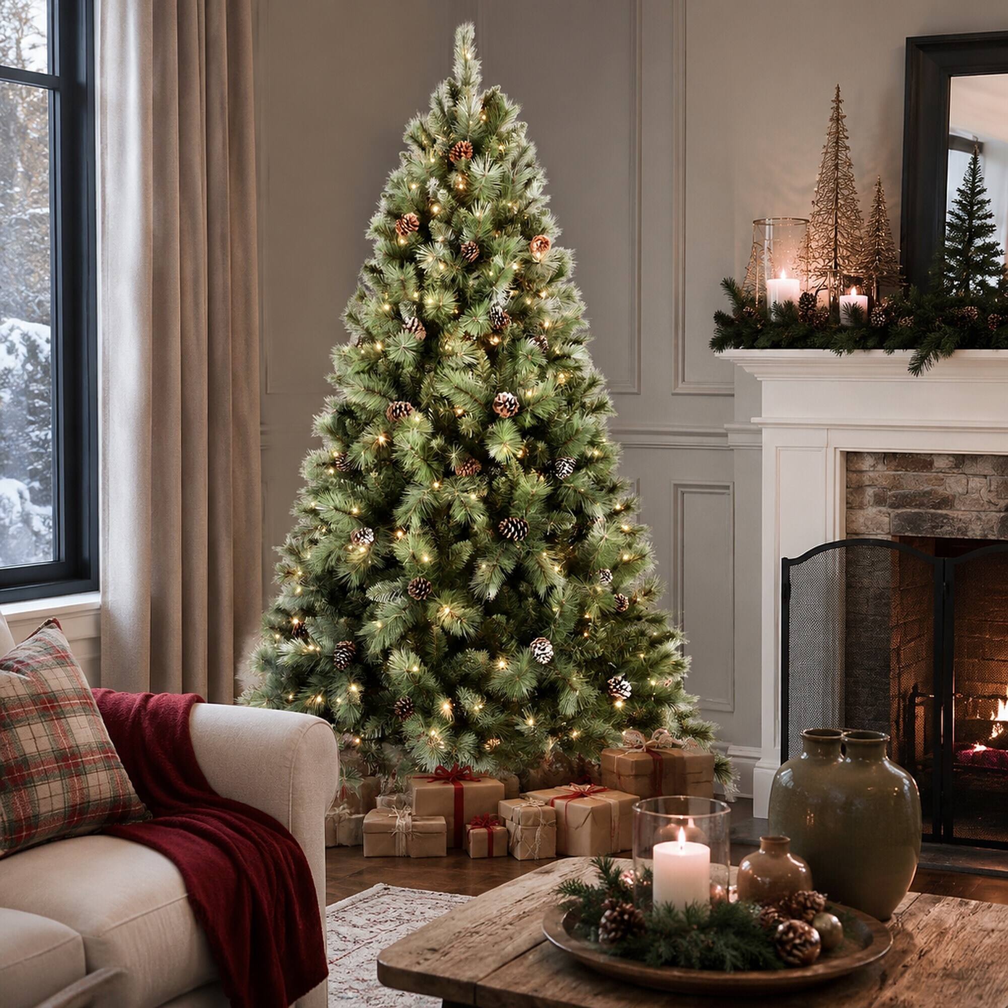 Left. RYHNUYNE - 5FT Pre-Lit Christmas Tree, 200 Warm White LED Lights 694 PVC Hard Needle Tips 51 Pine Cones Hinged Branch Metal Stand - Green.
