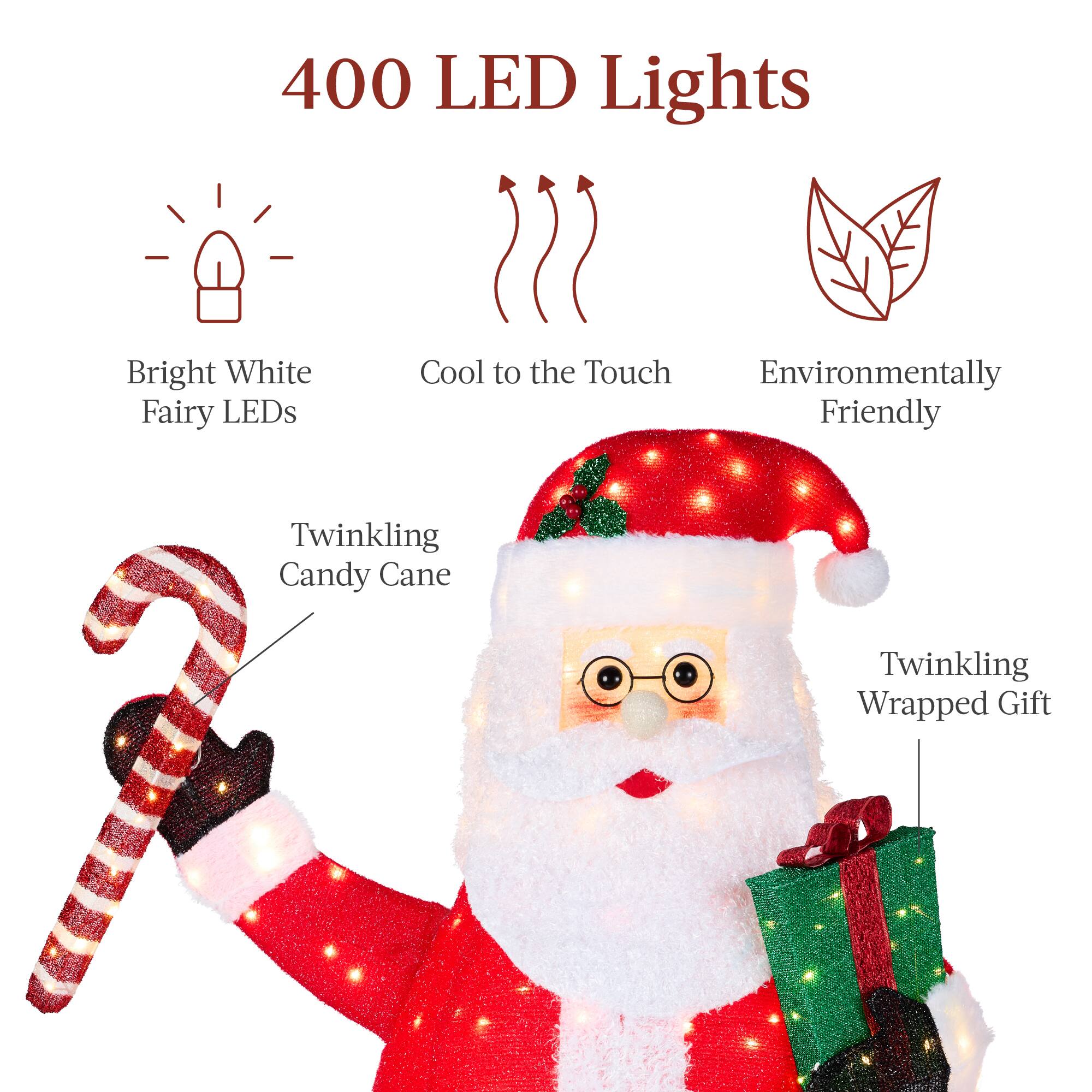 400 LED Lights

- Bright White Fairy LEDs
- Cool to the Touch
- Environmentally Friendly

- Twinkling Candy Cane
- Twinkling Wrapped Gift