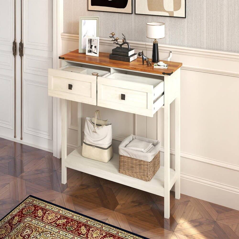 Alt View 4. Kadyn - Farmhouse Style Console Table - 2 Drawers & Bottom Storage Shelf, Rustic Side Table for Entryway, Living Room, Hallway - White.