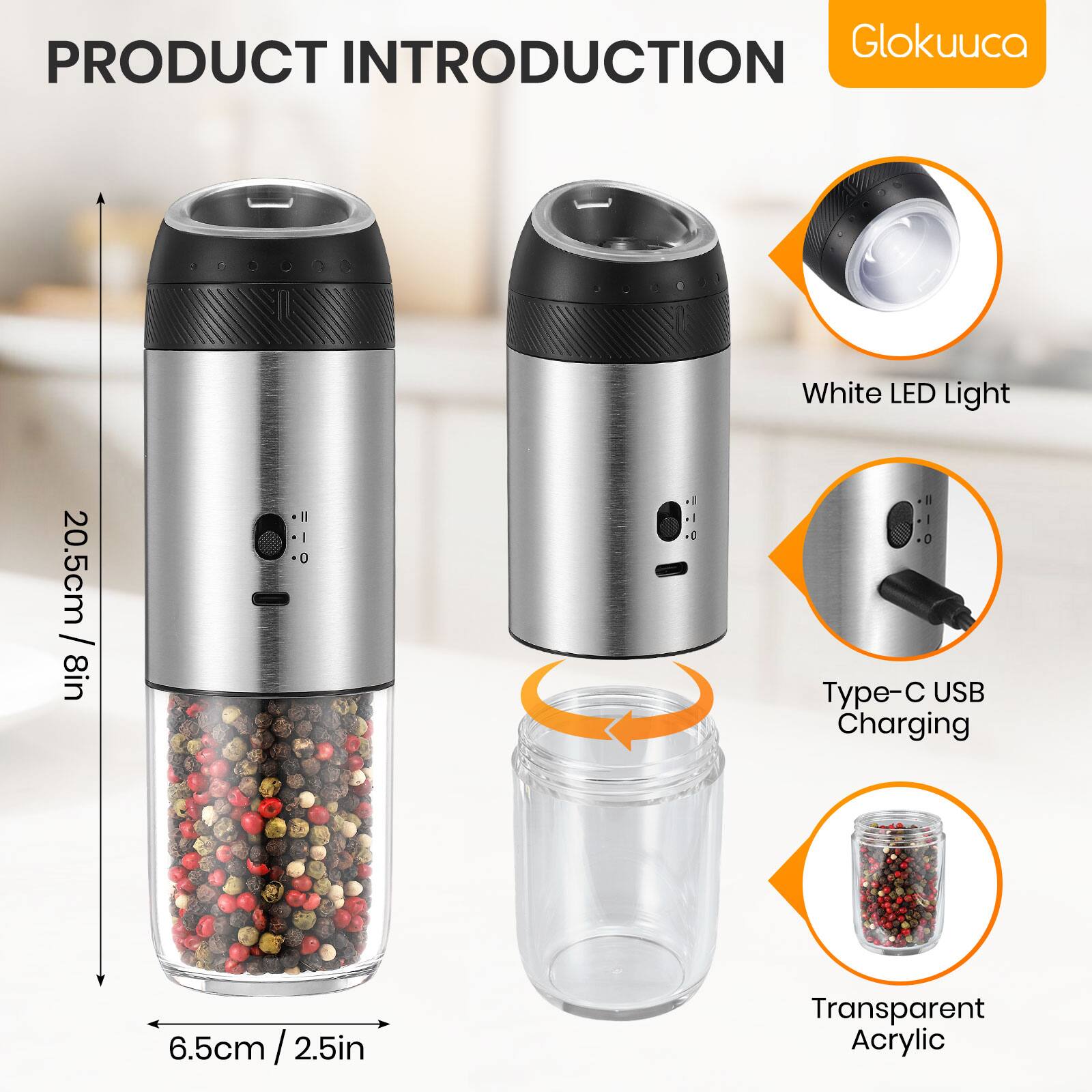 Glokucuca PRODUCT INTRODUCTION

- White LED Light
- Type-C USB Charging
- Transparent Acrylic

Dimensions:
- Height: 20.5cm / 8in
- Diameter: 6.5cm / 2.5in