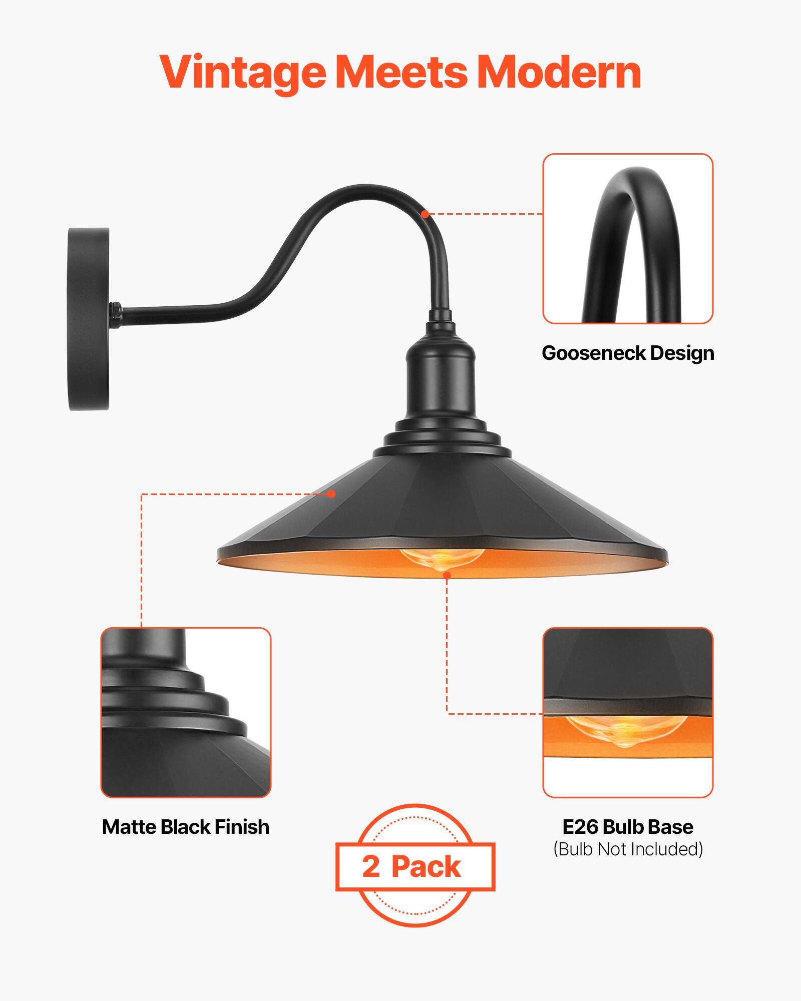 Vintage Meets Modern  
Gooseneck Design  
Matte Black Finish  
2 Pack  
E26 Bulb Base (Bulb Not Included)