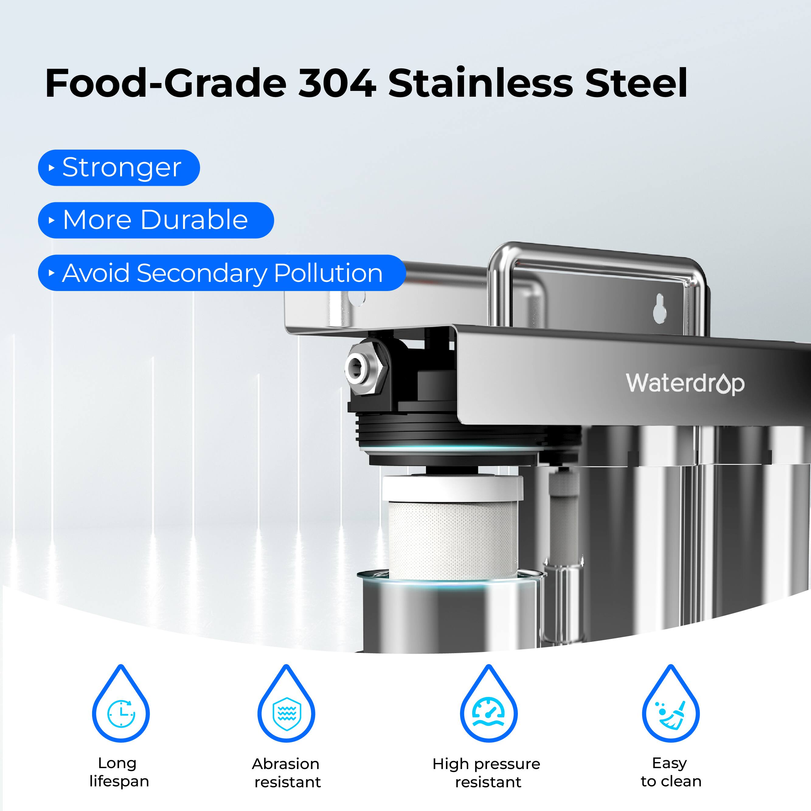 Food-Grade 304 Stainless Steel
Stronger
More Durable
Avoid Secondary Pollution

Waterdrop
Long lifespan
Abrasion resistant
High pressure resistant
Easy to clean