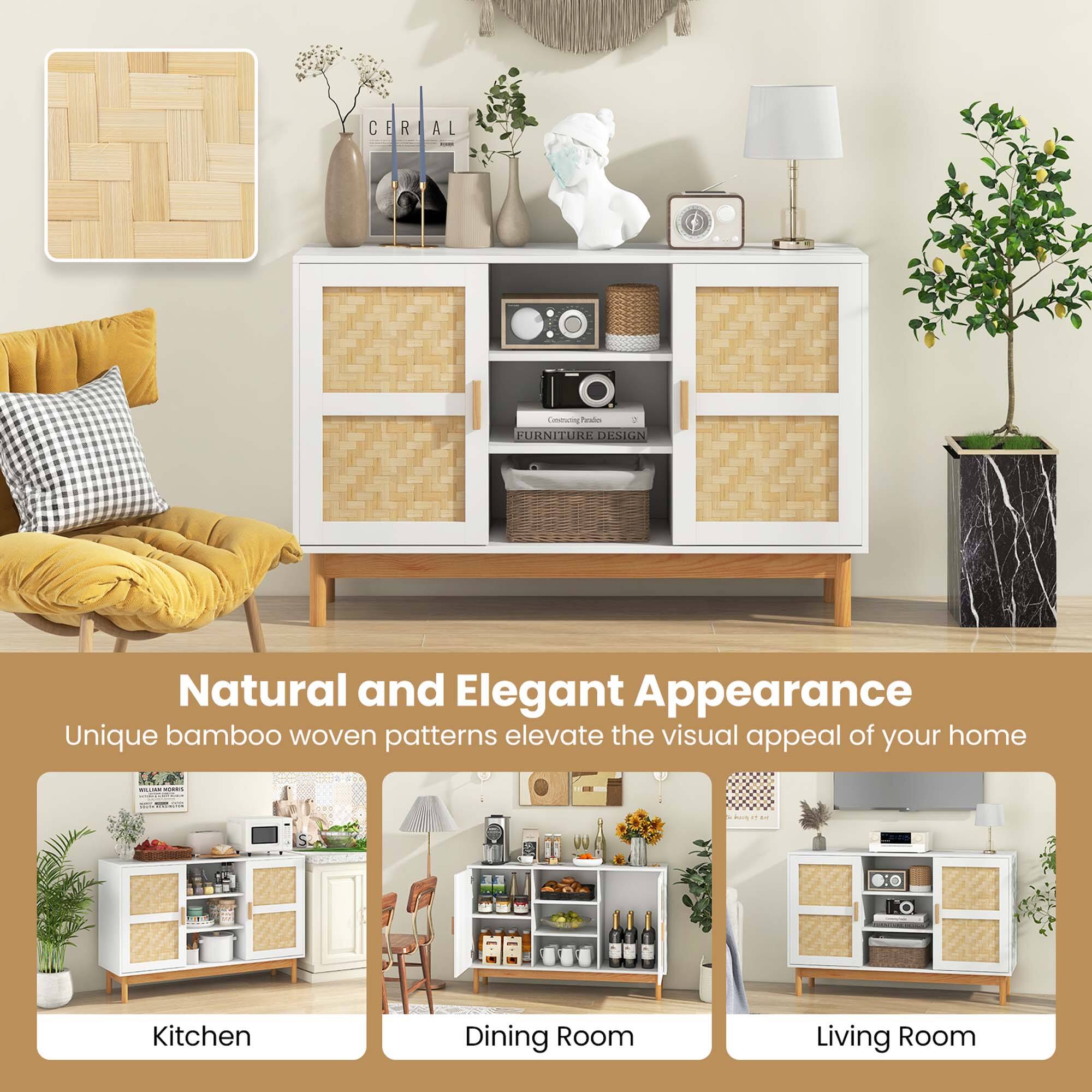 The text on the image is grouped and corrected as follows:

"Natural and Elegant Appearance: Unique bamboo woven patterns elevate the visual appeal of your home.

1. Kitchen
2. Dining Room
3. Living Room"