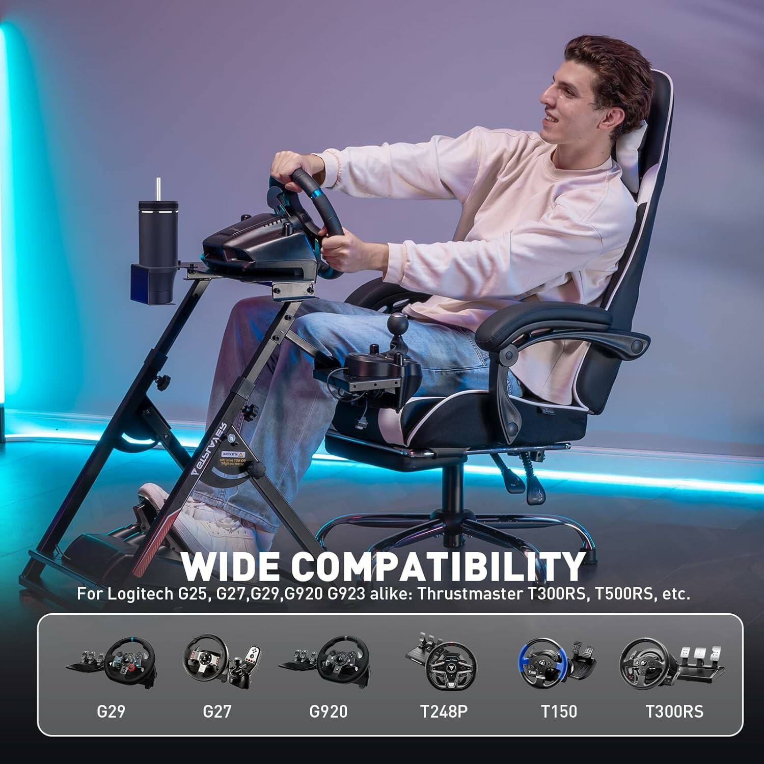 WIDE COMPATIBILITY  
For Logitech G25, G27, G29, G920, G923 alike: Thrustmaster T300RS, T500RS, etc.  

G29  
G27  
G920  
T248P  
T150  
T300RS