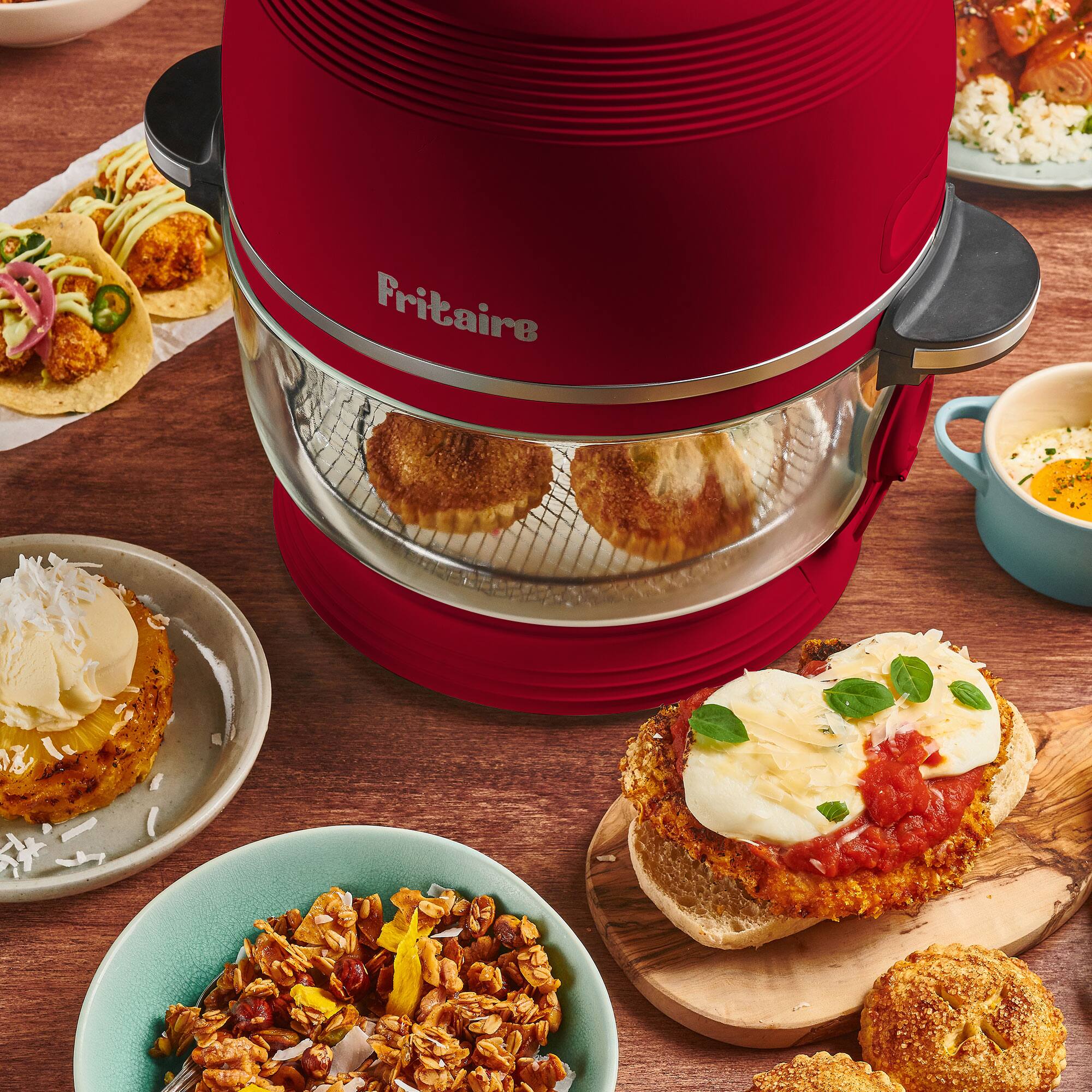 Left. Fritaire - Non-Toxic Air Fryer - Glass Air Fryer, 5qt, Teflon-Free, PFOA- Free, w/ Accessories - Rotisserie and Tumbling Basket - Cherry.