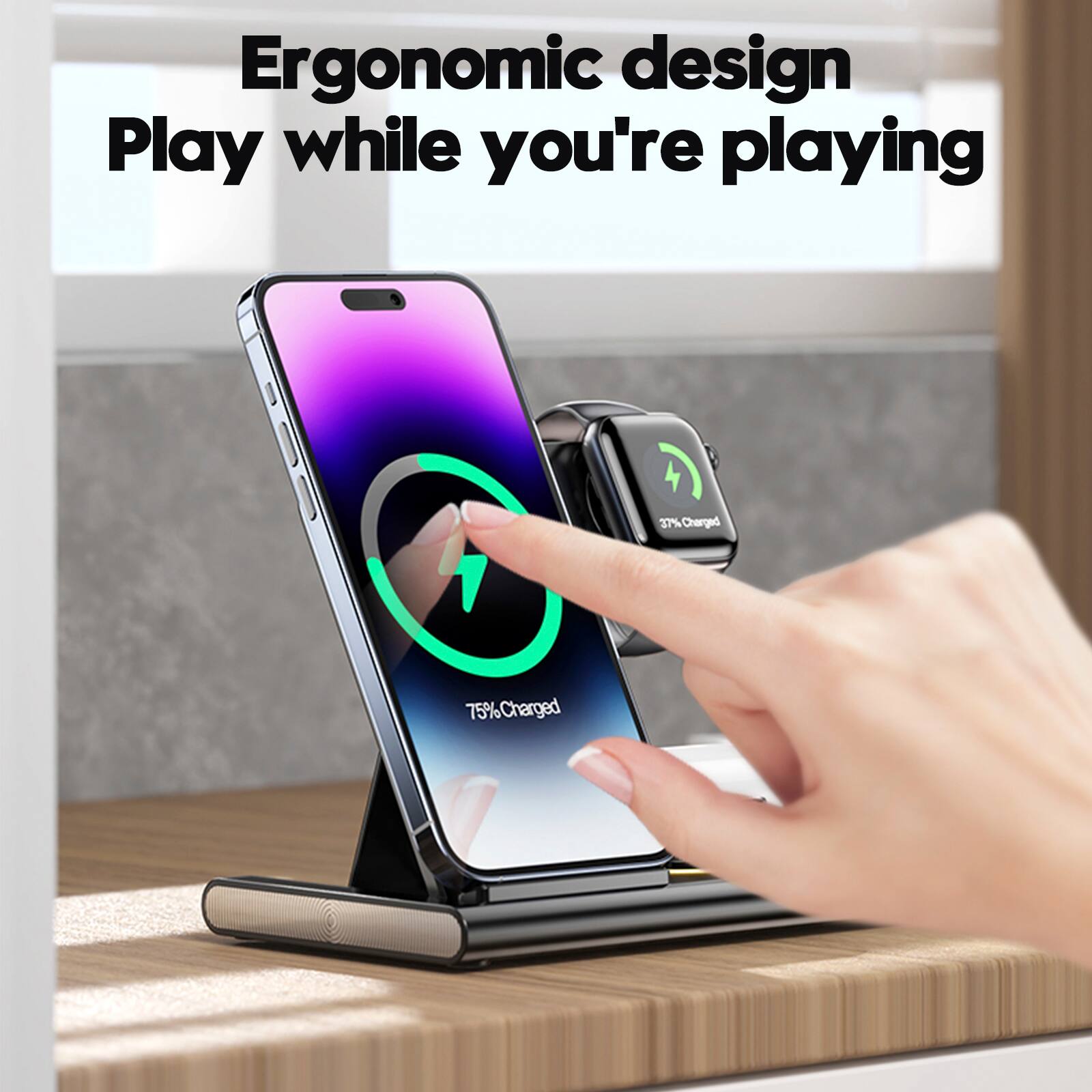 Ergonomic design  
Play while you're playing  

1 37% Charged  
75% Charged