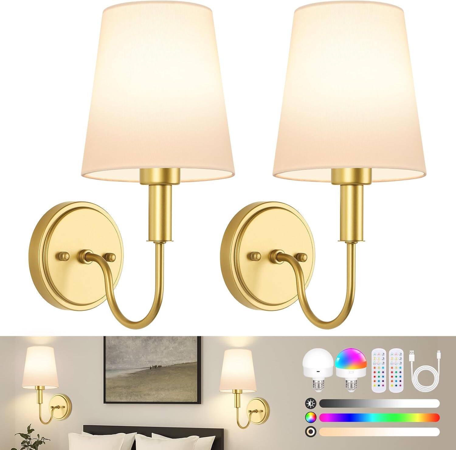 Front. Nordic Hygge - Wireless Rechargeable Wall Sconce, Battery Operated Wall Lights with Remote, Wall Lamps with Dimmable RGB LED Bulbs - Gold.