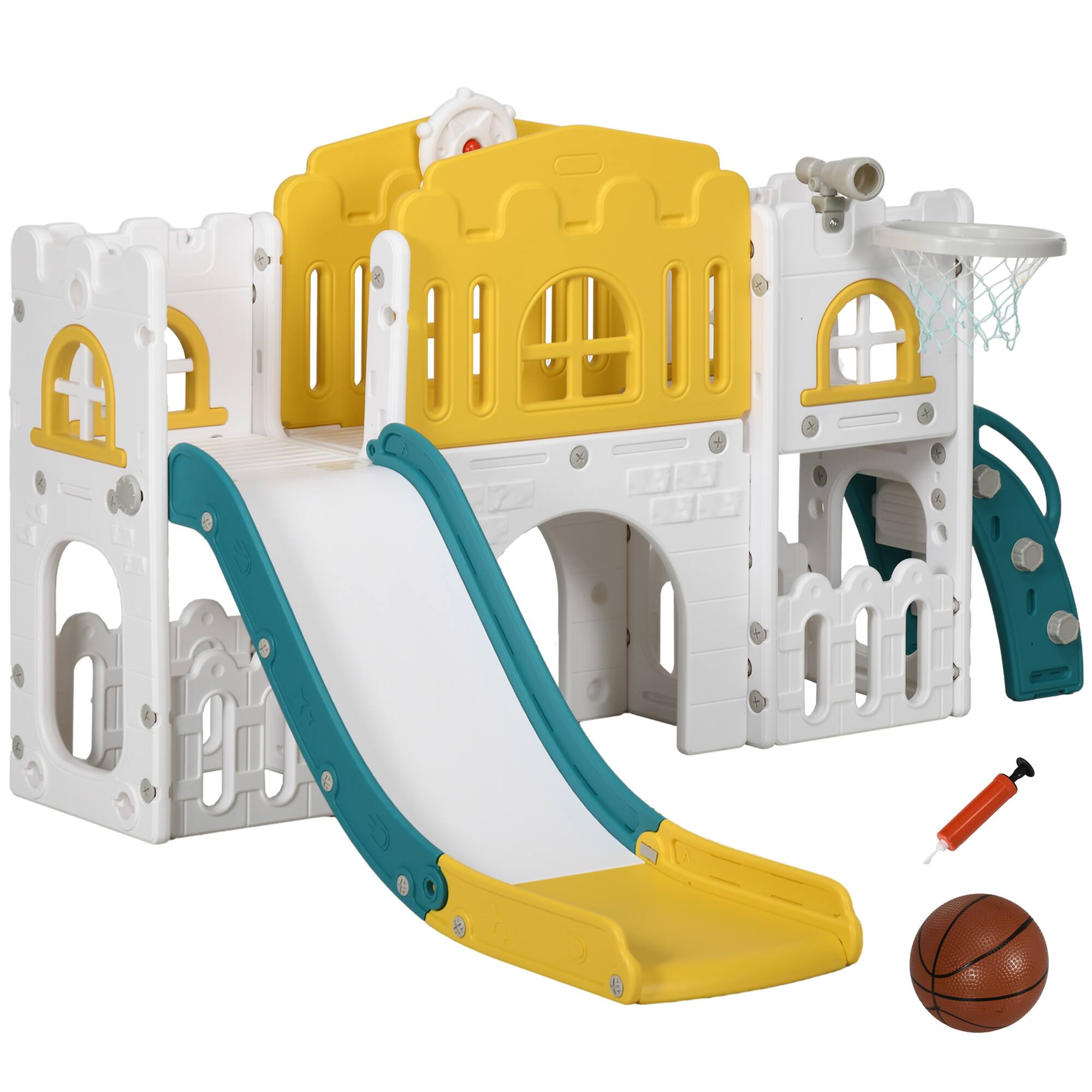 Front. Qaba - in 1 Toddler Slide for Kids Age 1-3 Years with Basketball Hoop, Climber, Telescope, Tunnel.