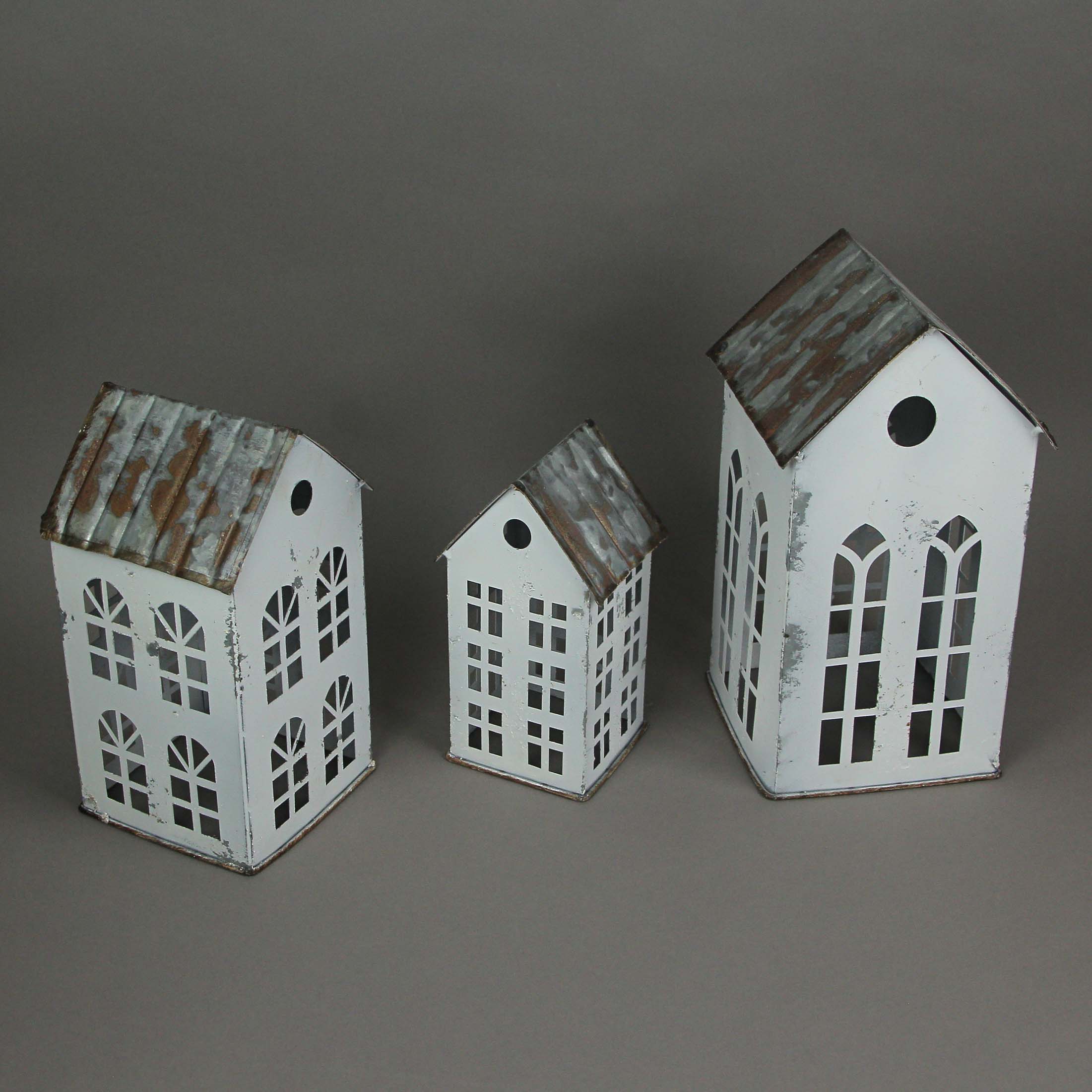 Alt View 2. Zeckos - Set of 3 Rustic Country Farmhouse White Metal House Shaped Candle Holders - White.