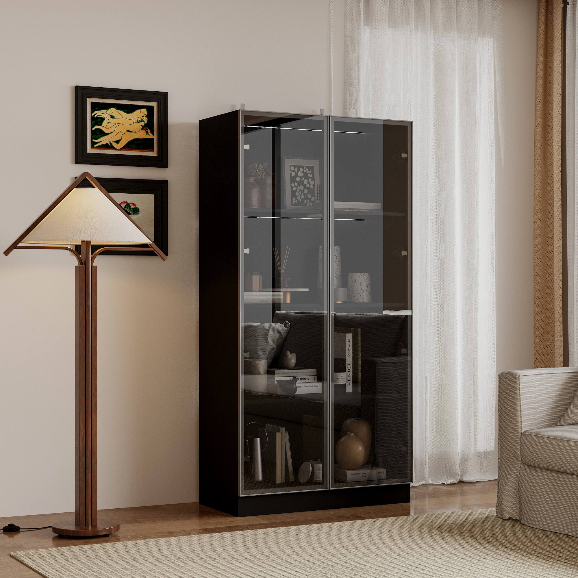 Left. Famapy - Famapy Glass - Door Display Cabinet with LED Lighting & Aluminum Frame - Multi - Shelf Storage for Living Room - Black.