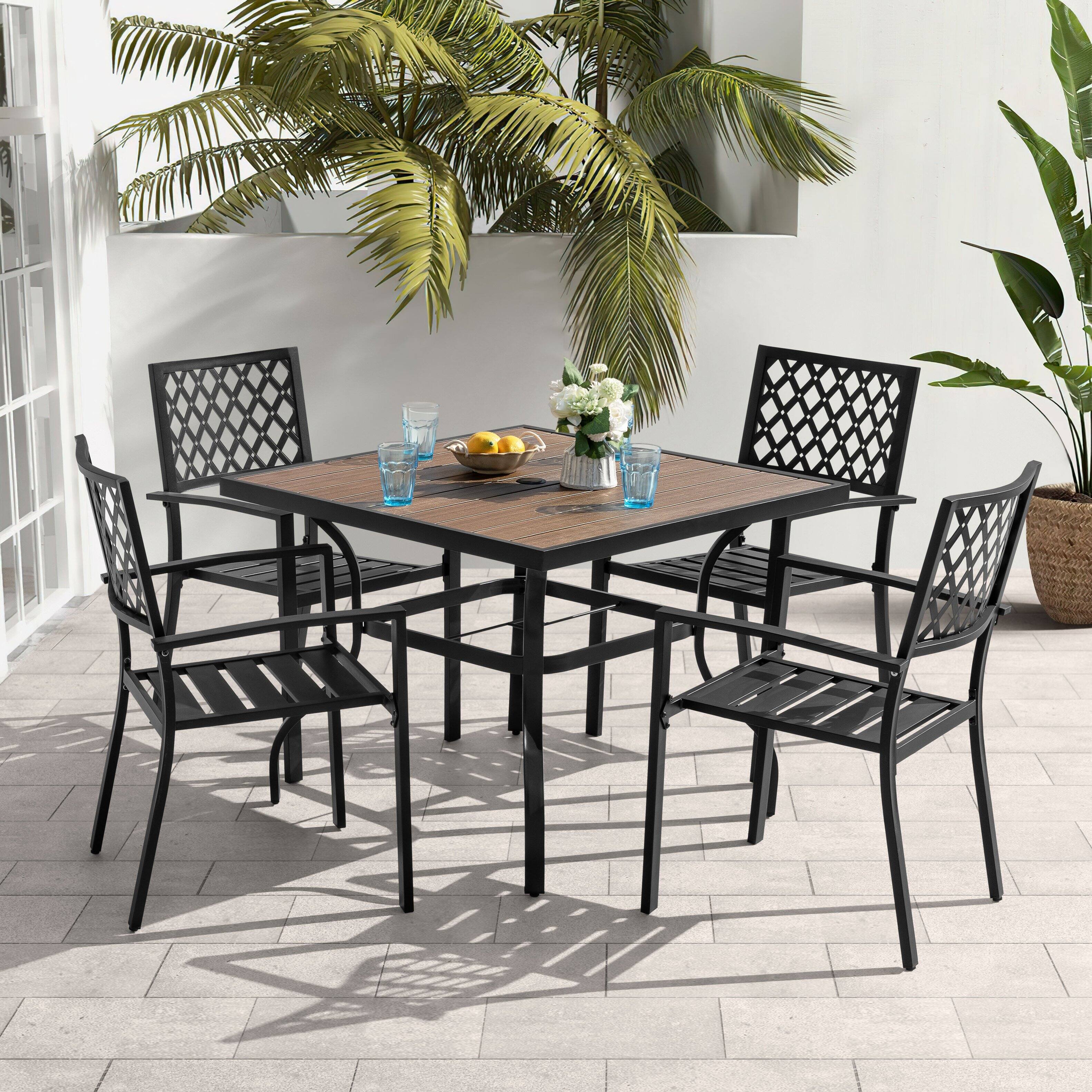 Front. Nuu Garden - 5PCS Patio Dining Set with Umbrella Hole, Faux Wood Top, Stackable Design - Black and Brown.