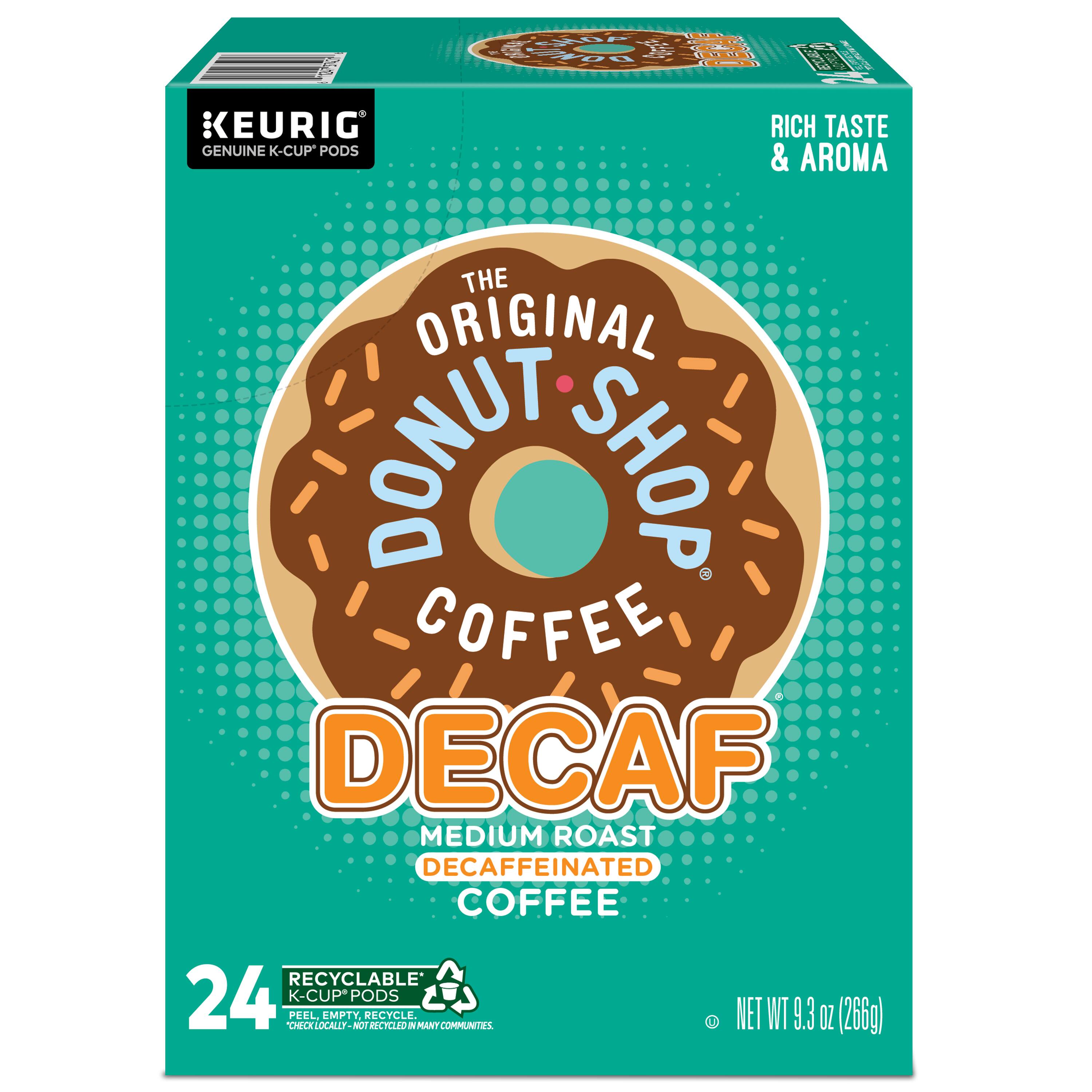 The Original Donut Shop Coffee Decaf Medium Roast Decaffeinated Coffee is a product by Keurig. It is a recyclable coffee pod that comes in a 24-pack. The coffee is made from medium roast decaffeinated coffee beans, and it has a rich taste. The packaging is designed to be easily recyclable, and it is recommended to peel the label locally and empty the pod before recycling. The net weight of the product is 9.3 oz (266g).