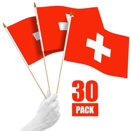 G128 - 30-Pack Handheld Switzerland Stick Flags, 12 x 18 in, 150D Polyester, Wooden Pole with Gold Spear Tip - Assorted Colors