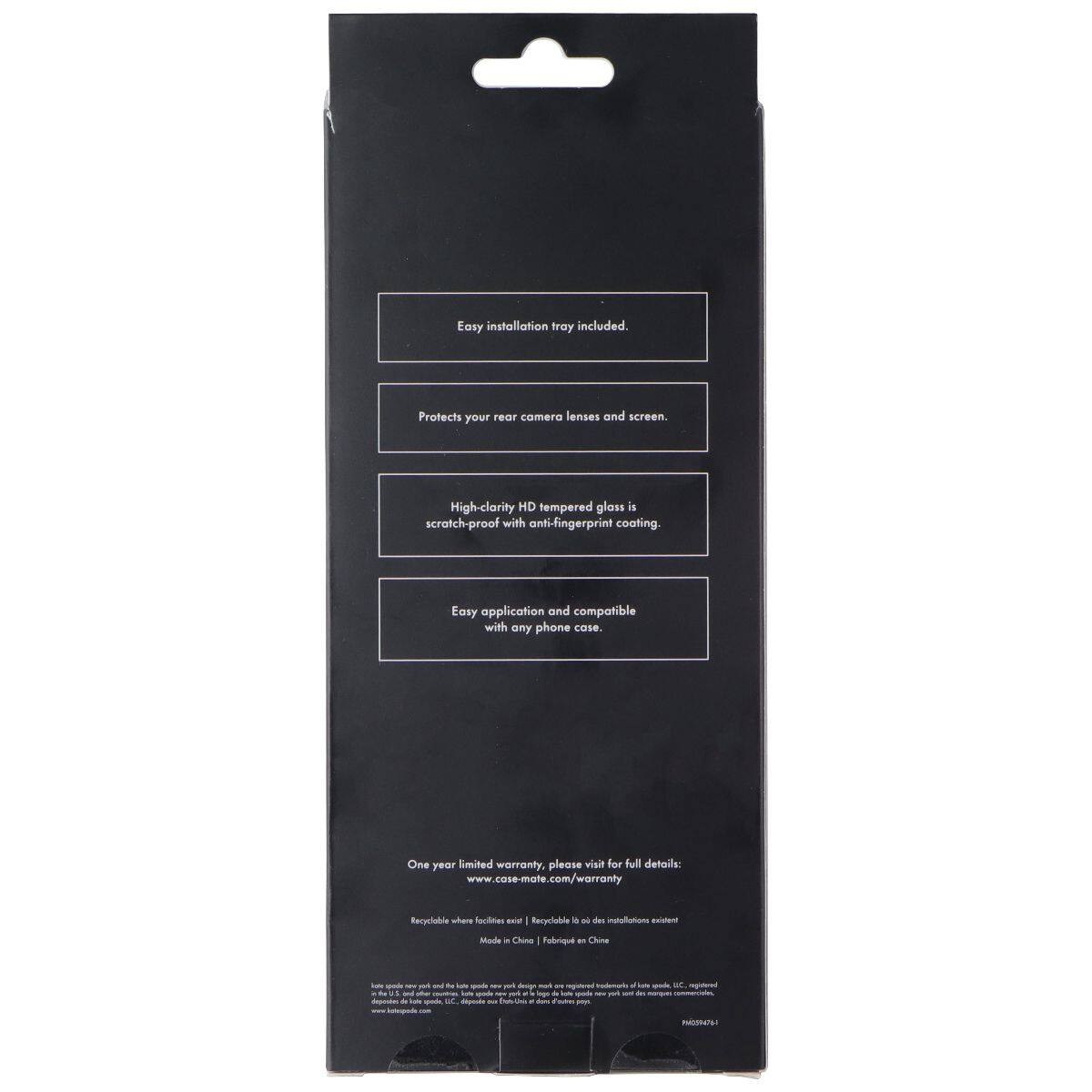Easy installation tray included.  
Protects your rear camera lenses and screen.  
High-clarity HD tempered glass is scratch-proof with anti-fingerprint coating.  
Easy application and compatible with any phone case.  

One year limited warranty, please visit for full details: www.case-mate.com/warranty  

Recyclable where facilities exist!  
Made in China