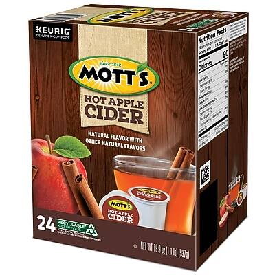 KEURIG®  
CALIFORNIA GOURMET COUP POOD

MOTT'S  
HOT APPLE CIDER  
NATURAL FLAVOR WITH OTHER NATURAL FLAVORS

24 RECYCLABLE K-CUPS

Nutrition Facts  
Serving Size 1 K-Cup  
Servings Per Container 24  
Calories 90

MOTT'S  
HOT APPLE CIDER  
NET WT 18.9 OZ (1.1 LB) (537g)