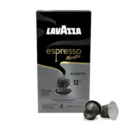 Lavazza Espresso Maestro Ristretto Ground Coffee. Intense & Chocolatey Extra Dark Roast. Compatible with Nespresso Original Machines. 10 Capsules. Net WT 2.01 oz (57 g).