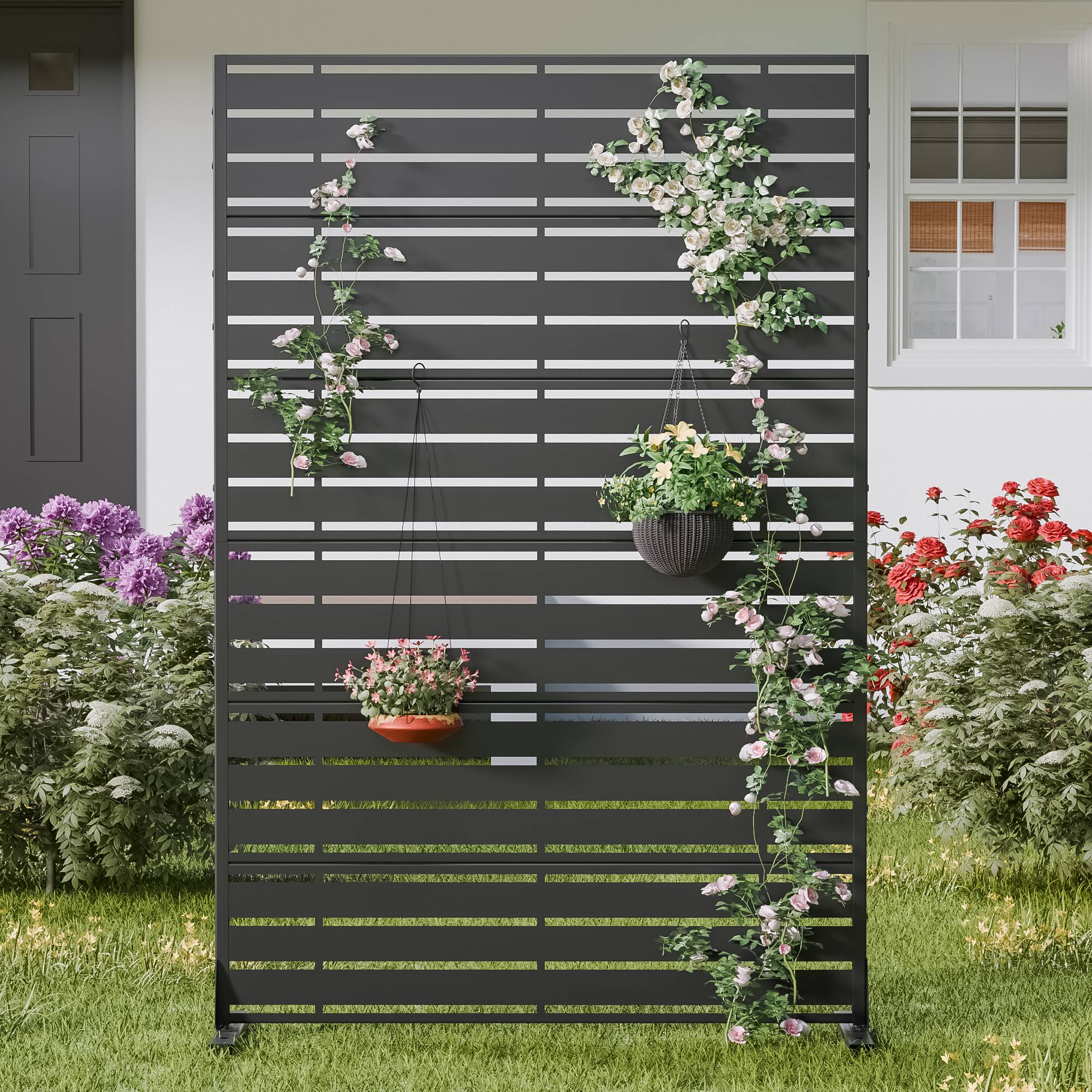 Alt View 2. PexFix - 72 in. x 47 in. Adams Pattern Metal Outdoor Privacy Screen & Panels, Freestanding Garden Divider Fence - Black.