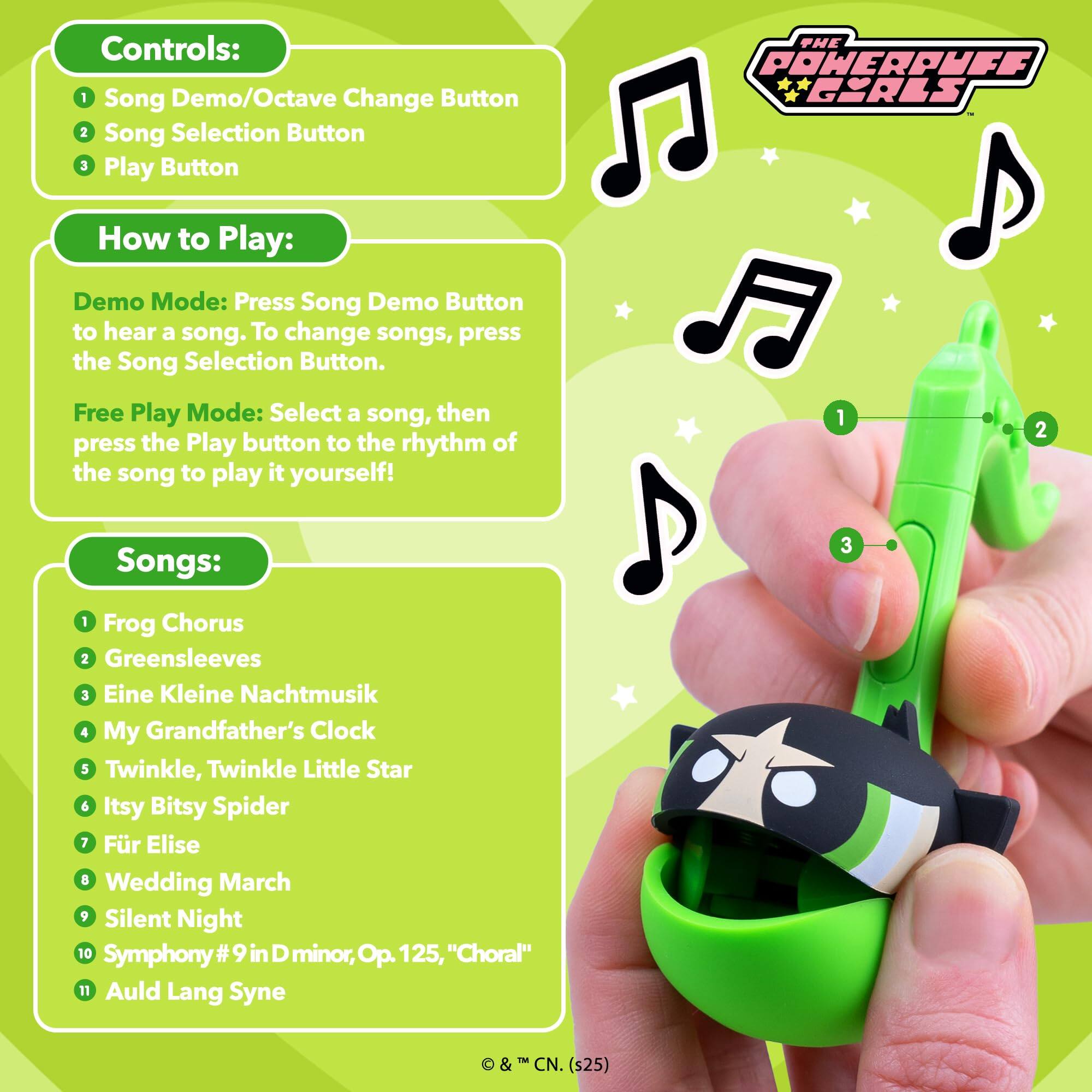 Controls:  
1. Song Demo/Octave Change Button  
2. Song Selection Button  
3. Play Button  

How to Play:  
Demo Mode: Press the Song Demo Button to hear a song. To change songs, press the Song Selection Button.  

Free Play Mode: Select a song, then press the Play button to the rhythm of the song to play it yourself!  

Songs:  
1. Frog Chorus  
2. Greensleeves  
3. Eine Kleine Nachtmusik  
4. My Grandfather's Clock  
5. Twinkle, Twinkle Little Star  
6. Itsy Bitsy Spider  
7. Für Elise  
8. Wedding March  
9. Silent Night  
10. Symphony #9 in D minor, Op. 125, "Choral"  
11. Auld Lang Syne  

© & ™ CN. (s25)