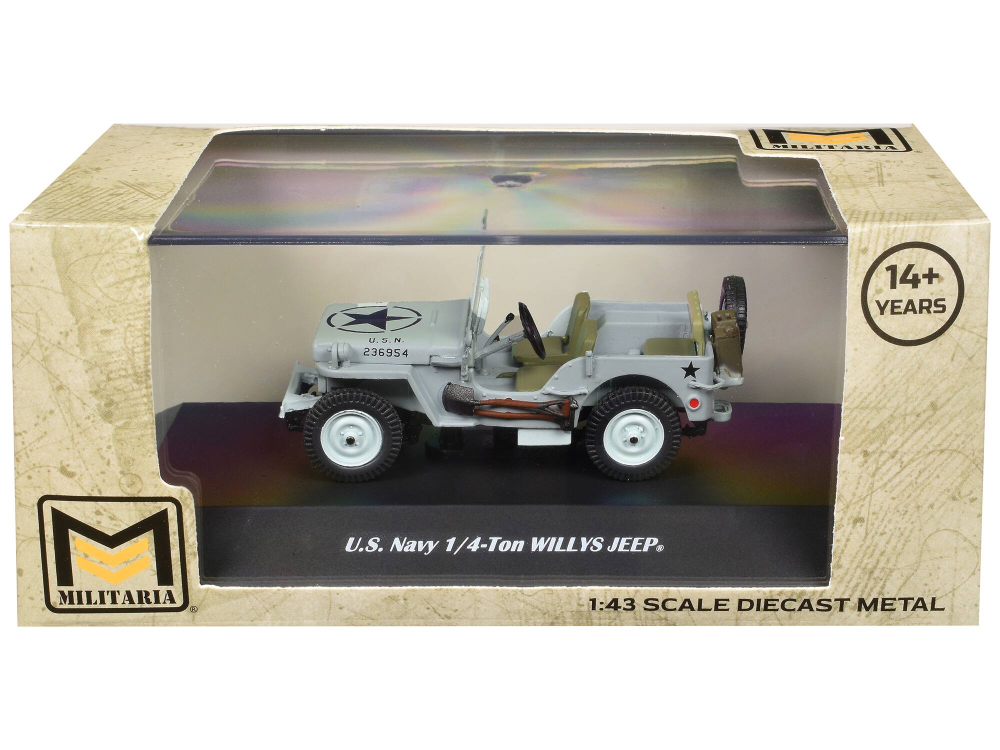 H.M.NA 14+ YEARS u. D.N D. N 236954 M MILITARIA U.S. Navy 1/4-Ton WILLYS JEEP 1:43 SCALE DIECAST METAL