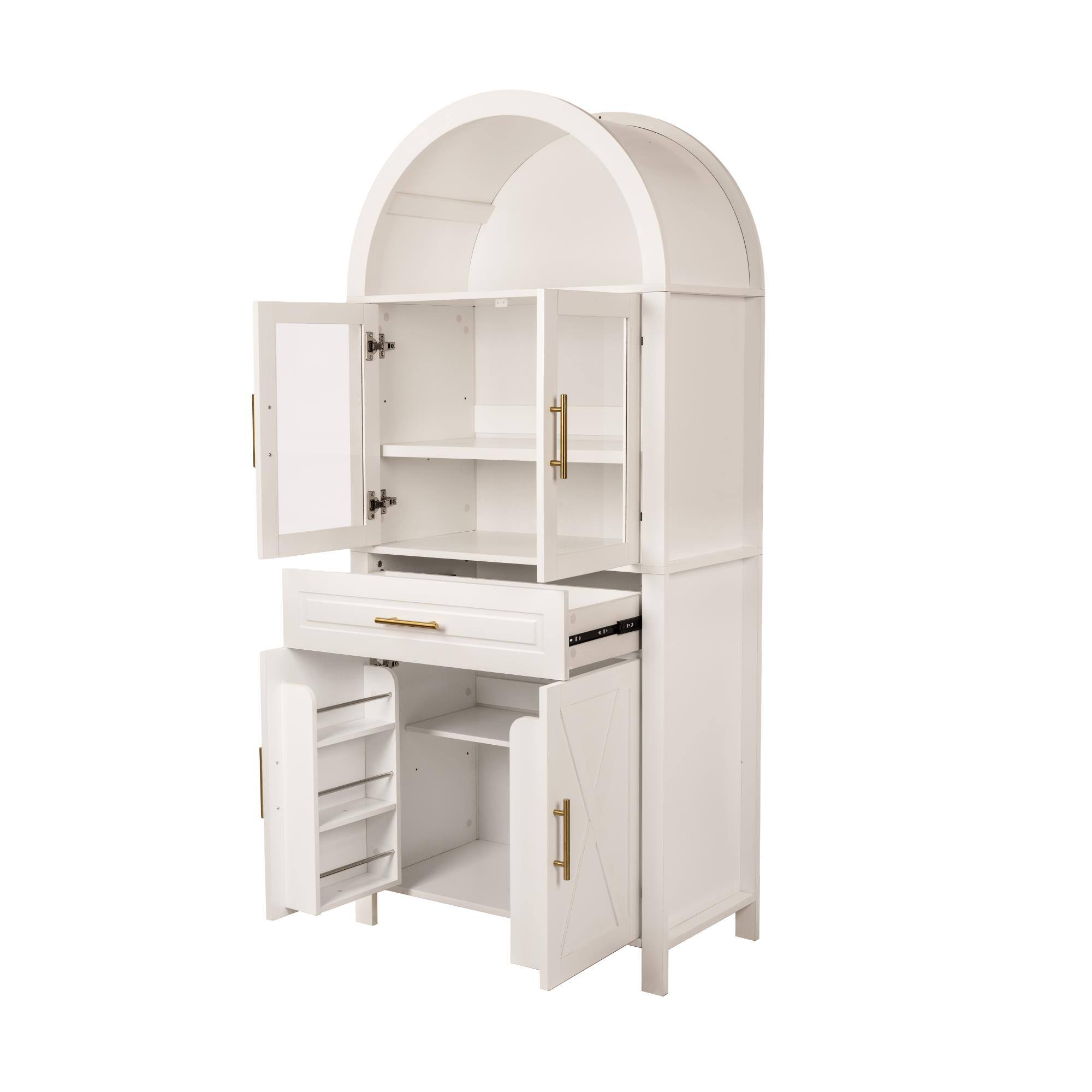 Alt View 4. Boyel Living - 71 Inch Arched Glass Door Pantry Cabinet Farmhouse Storage with Barn Door Design White - White.