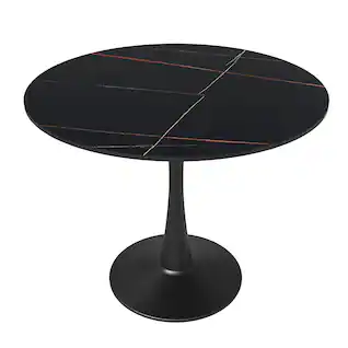 LeisureMod - Bristol 31" Mid-Century Modern Round Pedestal Dining Table - Glossy MDF/Stone Top for Kitchen & Cafe - Stone - Black