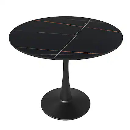 Front. LeisureMod - Bristol 31" Mid-Century Modern Round Pedestal Dining Table - Glossy MDF/Stone Top for Kitchen & Cafe - Stone - Black.
