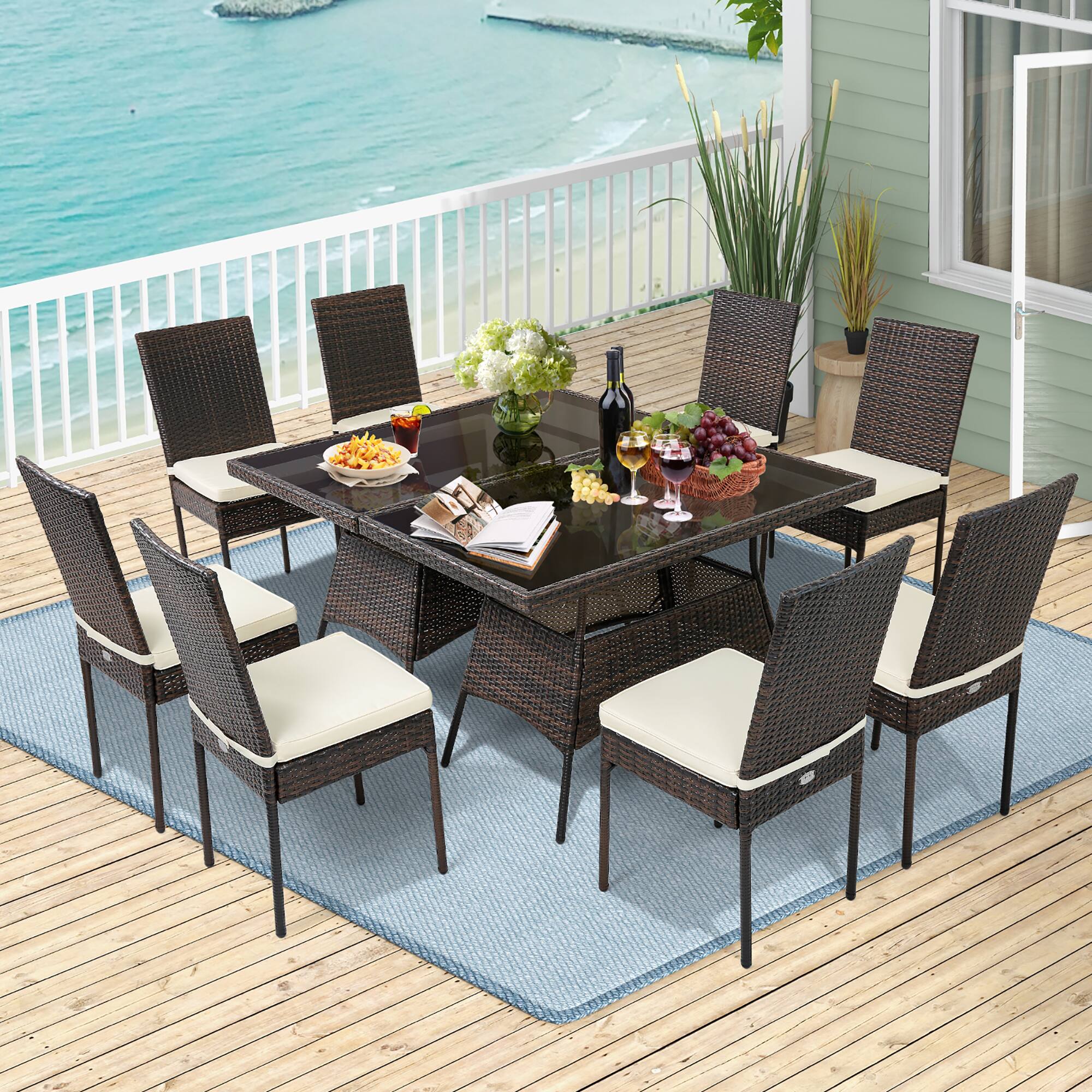 Alt View 1. Costway - Costway 10 PCS Patio Rattan Dining Set Glass Table High Back Chair Garden Deck - Mix Brown.