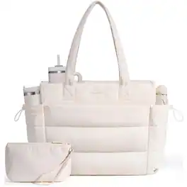 LOVEVOOK - Tote Bag for Women with Giant Tumbler Holder Pocket, Puffer Work Travel Laptop Handbag with Zipper - White