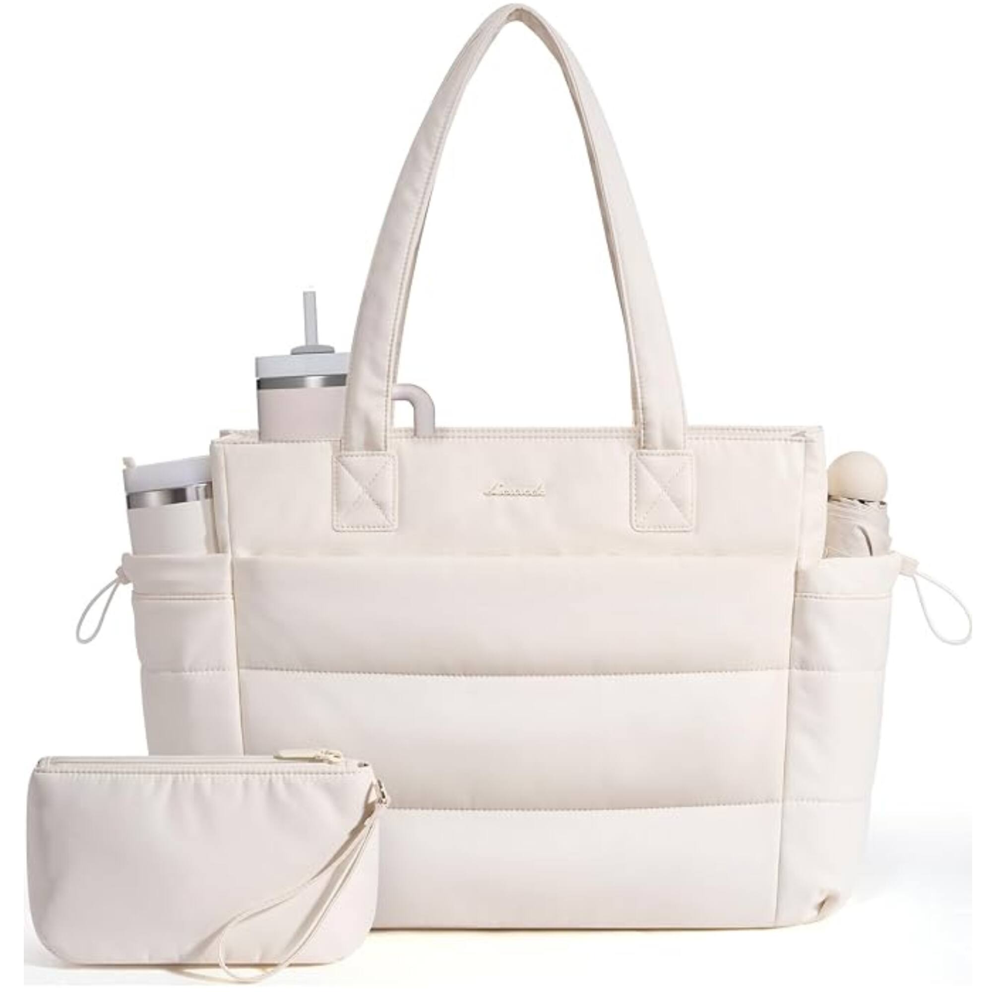 Front. LOVEVOOK - LOVEVOOK Tote Bag for Women with Giant Tumbler Holder Pocket, Puffer Work Travel Laptop Handbag with Zipper, White - White.