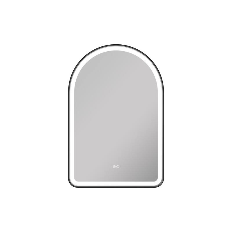 Left. WELLFOR - 24" x 36" Arched Framed Bathroom Mirror with LED Light ,Defogger & Memory Function, Wall Mounted Vanity Mirror - Matte Black.