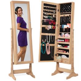 Best Choice Products - Jewelry Armoire Cabinet, Full Length Mirror w/ Velvet Storage Interior, Lock - Natural Oak