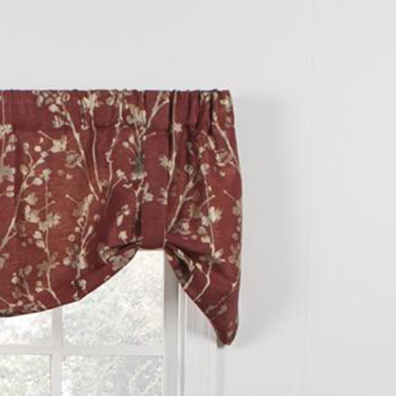 Angle. Ellis Curtain - Ellis Curtain Meadow High Quality Room Darkening Solid Natural Color Lined Tie-Up Window Valance - 50 x22" Cardinal - Cardinal.