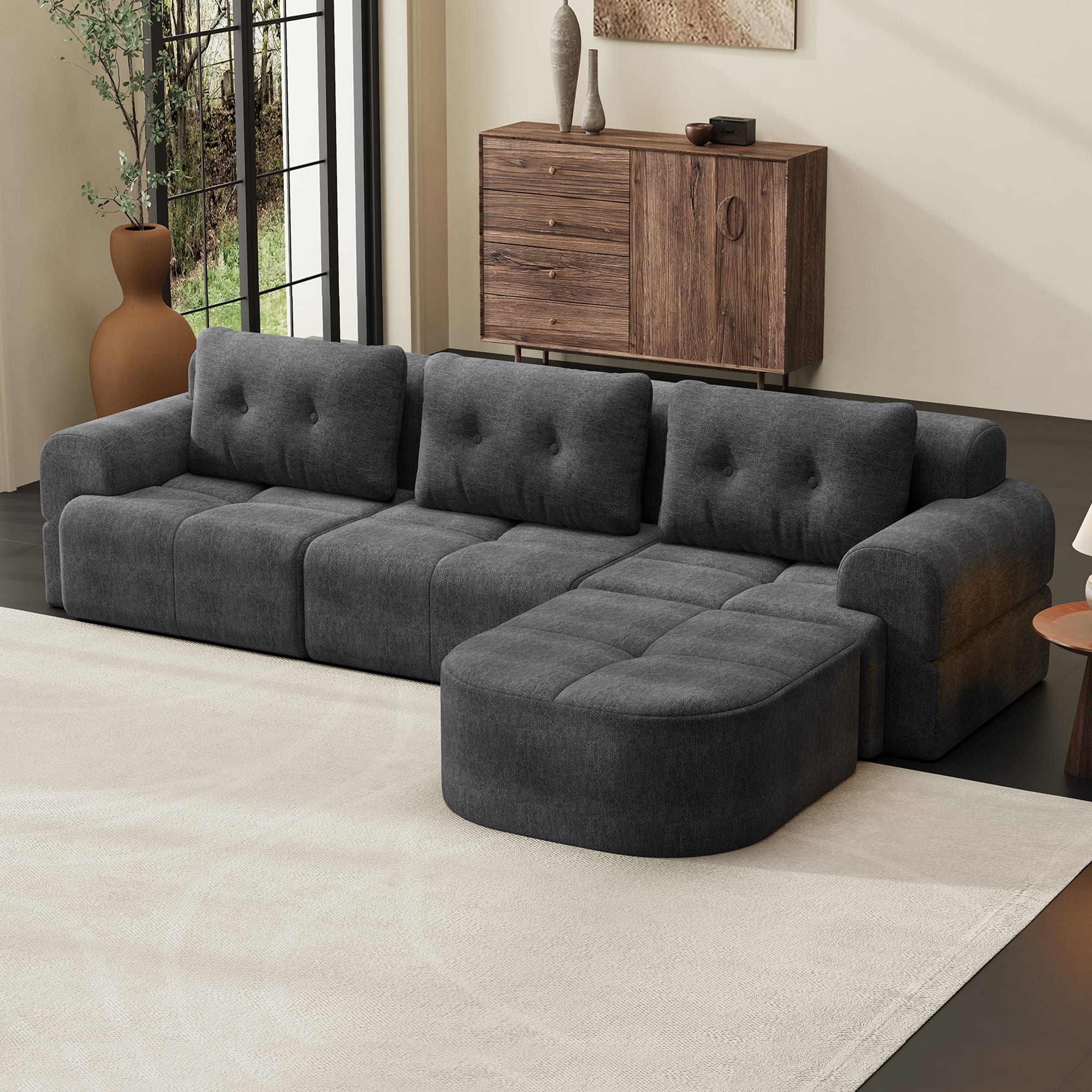Anysun - Modular Sectional Sofa with Chaise - Full-Foam Structure,Compression Packaging,Woven Texture,Oversized Living Room Couch - Gray