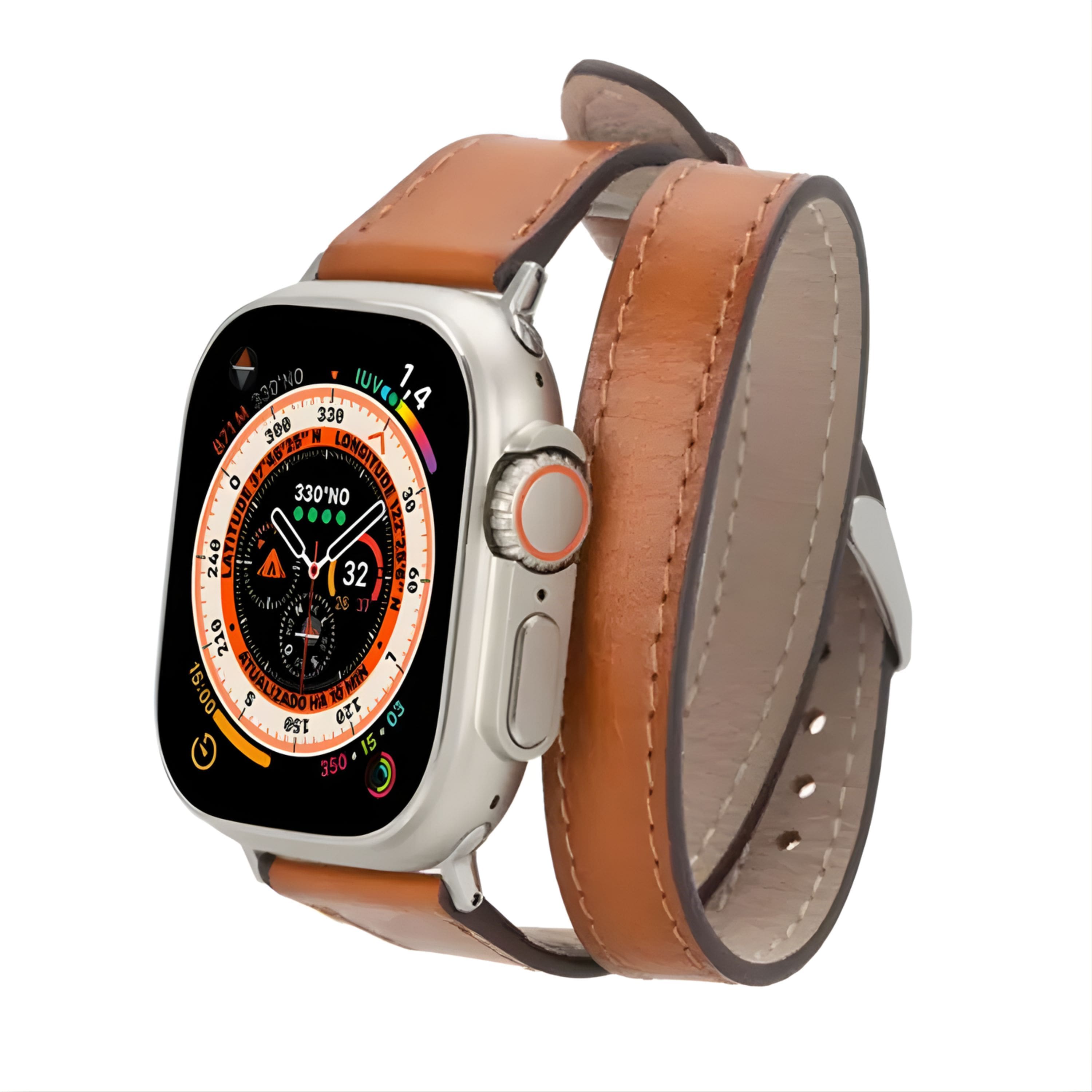 Kitcheniva - Premium Double Tour Leather Bands For Apple Watch Series 9 Ultra 2 And SE 45mm - Tan