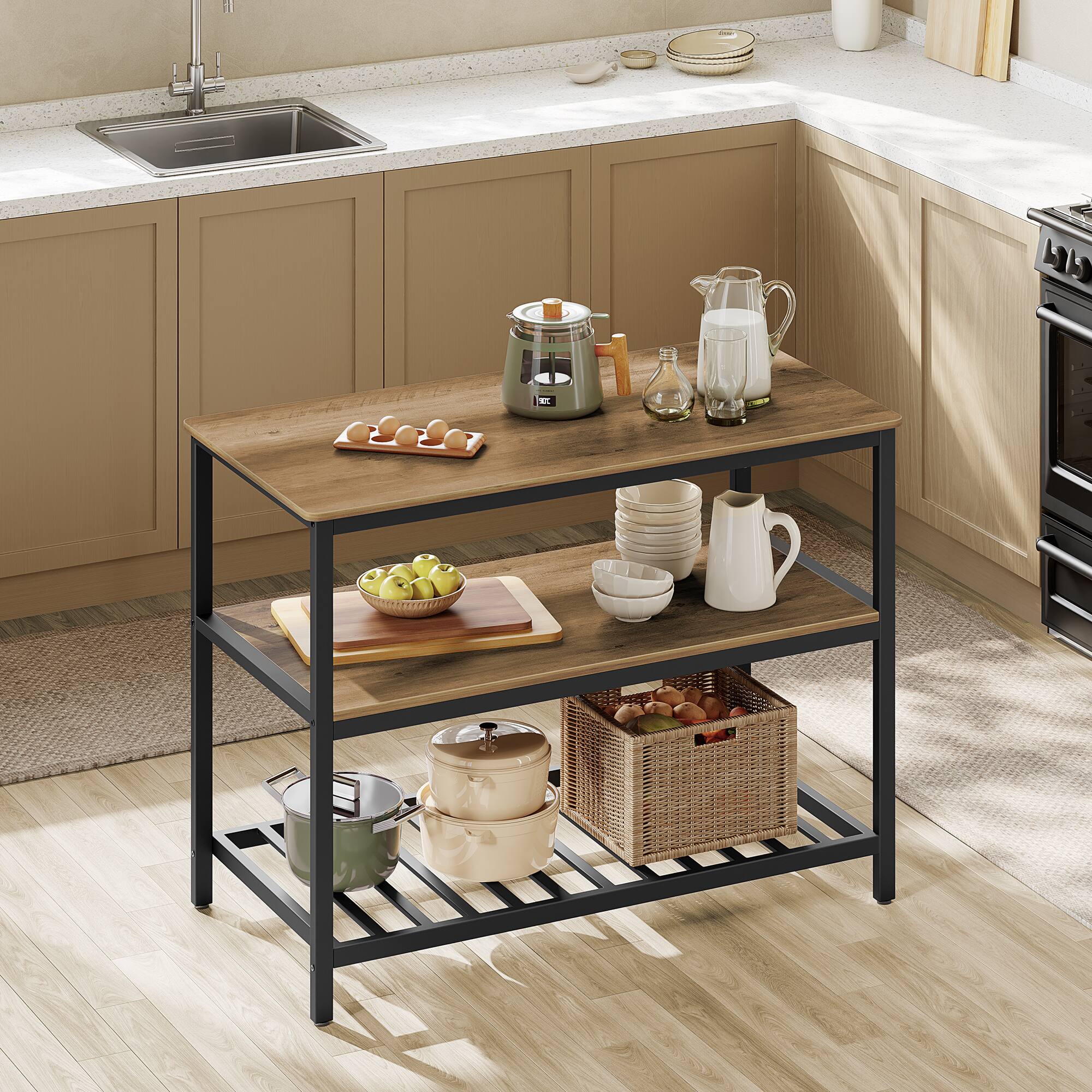 Angle. Songmics Home - Kitchen Island with 3 Shelves, 47.2 Inches Width Kitchen Shelf with Large Worktop, Stable Steel Structure, Industrial - Brown.
