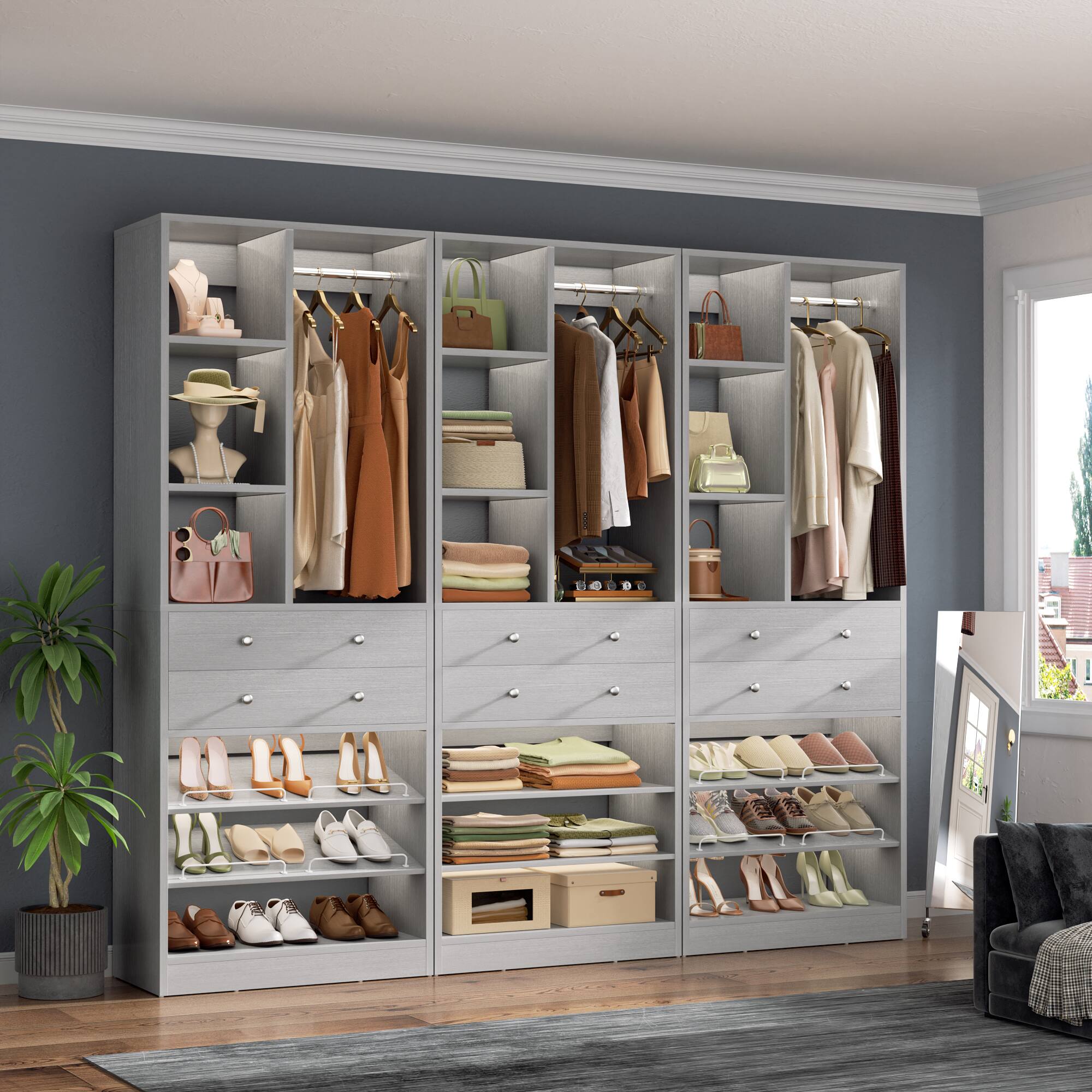 Front. Aheaplus - 84" Free-Standing Closet Organizer with Drawers & Shelves, 1800LBS Load, 3-Pack Tower System - Gray.