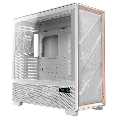 Antec - FLUX Pro White, 6 x PWM Fans Included, High-Airflow Front Panel With Walnut Wood, Full-Tower E-ATX PC Case - White