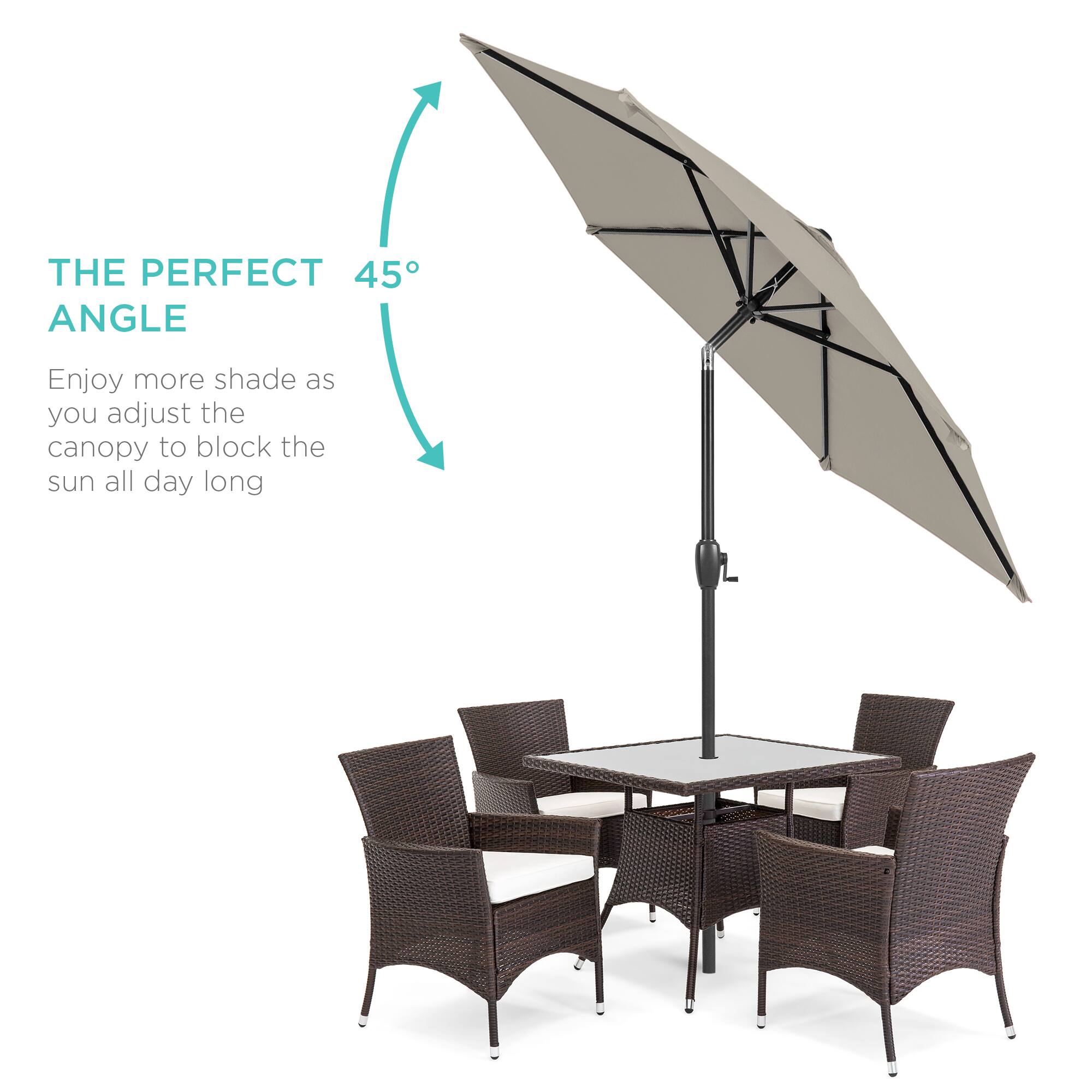THE PERFECT 45° ANGLE

Enjoy more shade as you adjust the canopy to block the sun all day long